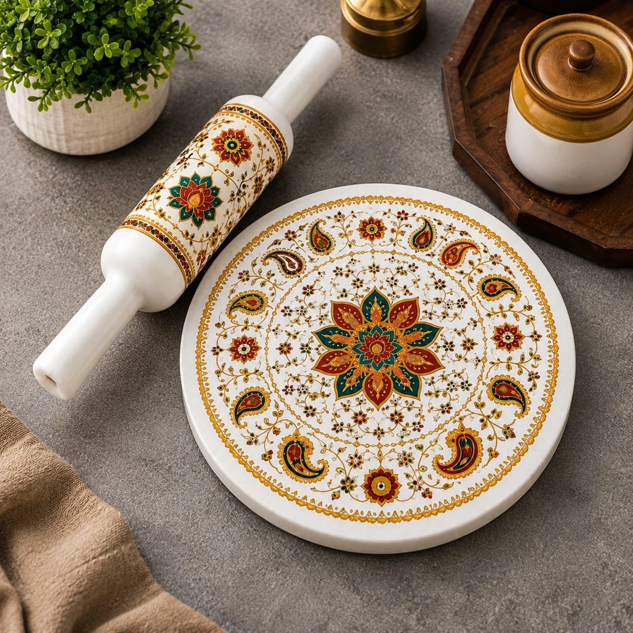Craft ERA Design White Marble Chakla Belan Set - 25.4 cm Board / 30.5 cm Rolling Pin | Durable Smooth Finish Roti Making Set | Traditional Kitchen Tool for Chapati-image-45