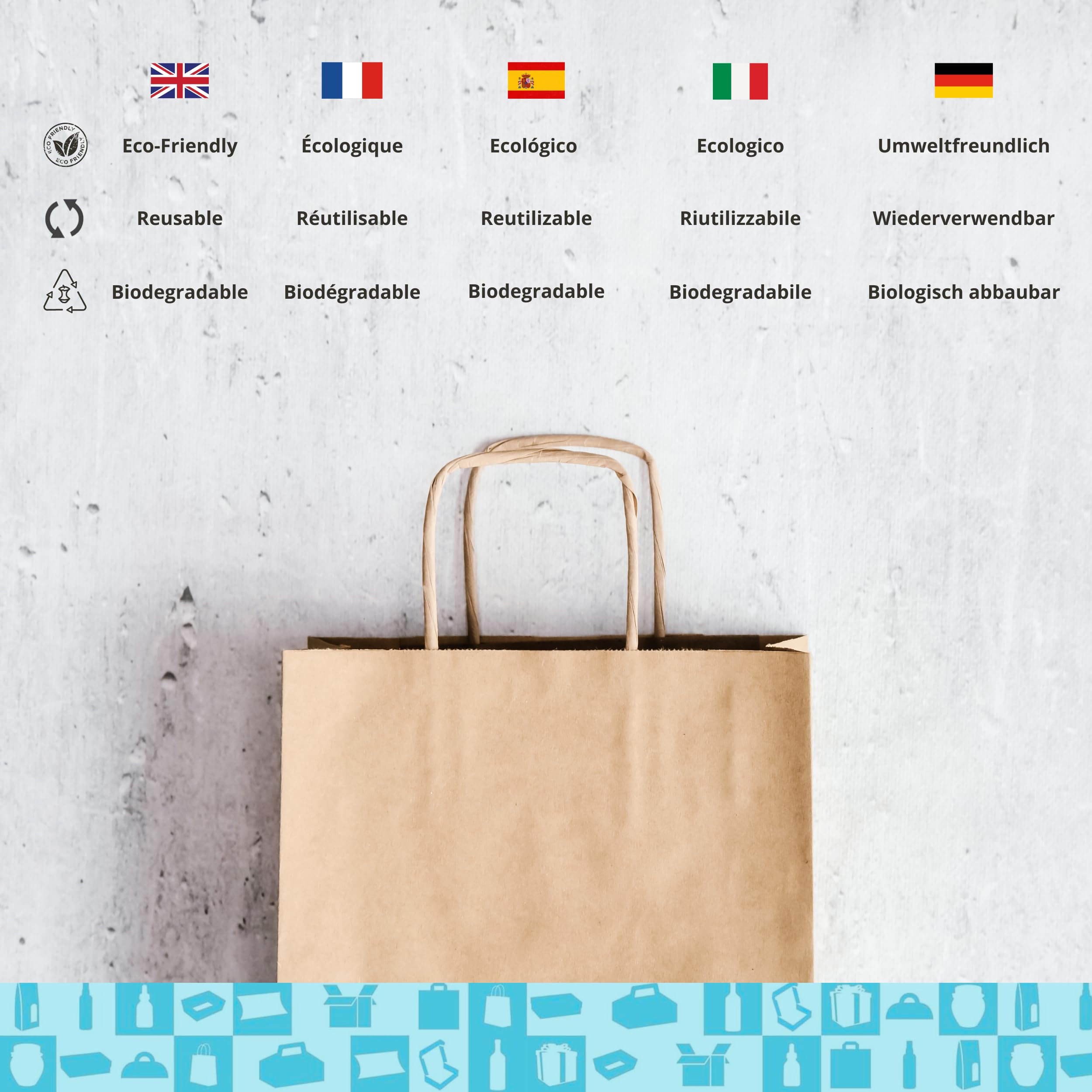 Lot 100 Sacs Papier Kraft Marron avec Anses 18x8x23cm - Sac pour Shopping Cadeaux Mariages