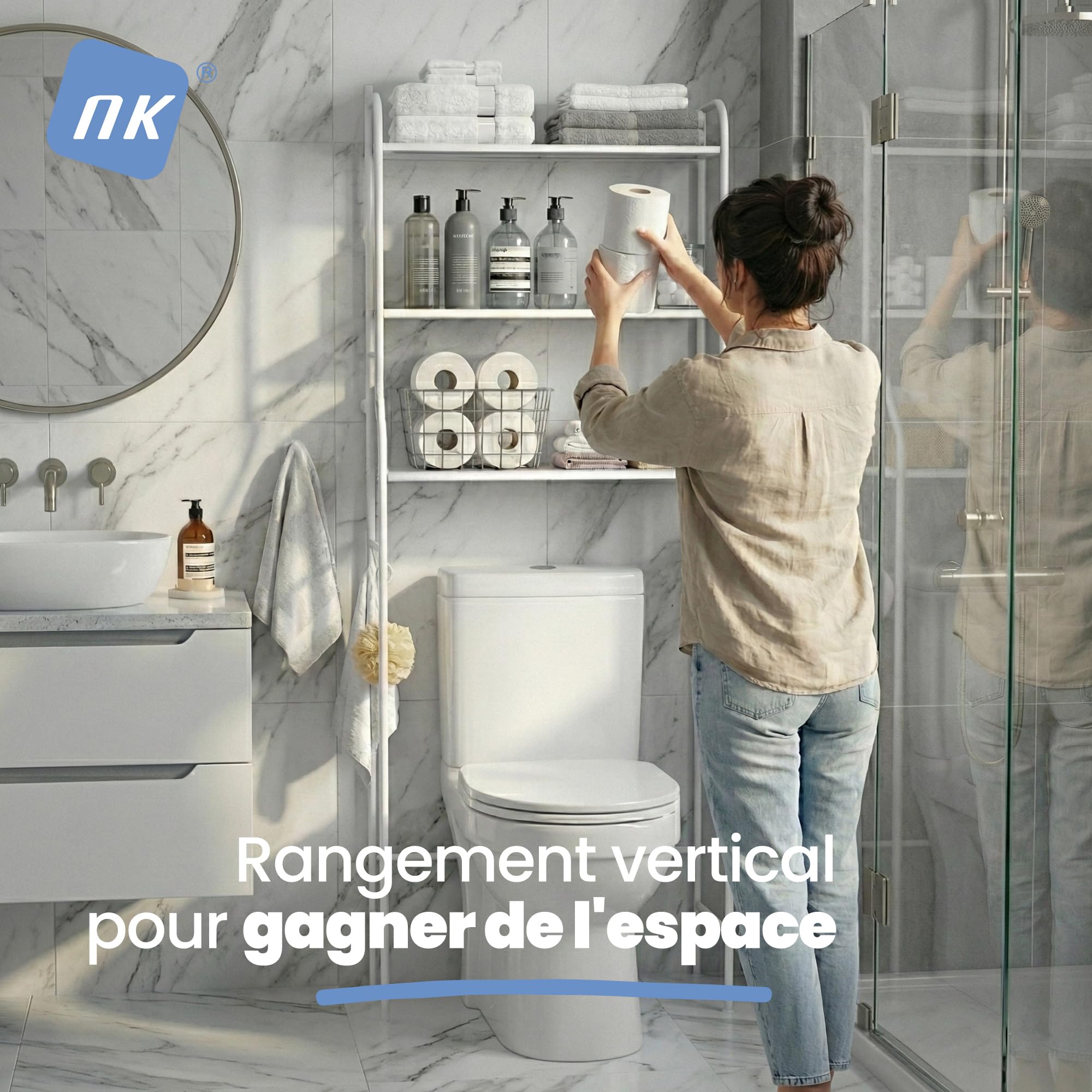 NK Étagère De Salle De Bains Au-Dessus des Toilettes – 153×47×26 Cm, 3 Étagères Hautes, Porte-Rouleau, 3 Crochets, Pieds Antidérapants, Fer + PP, Blanc, Montage Facile