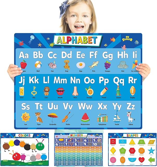 4 Pack ABC Alphabet Chart + Numbers 1-100 + Shapes + Colors Poster Set, Toddler Educational Learning Posters Kindergarten Classroom Wall Decor Art ((Laminated, 17" x 11")