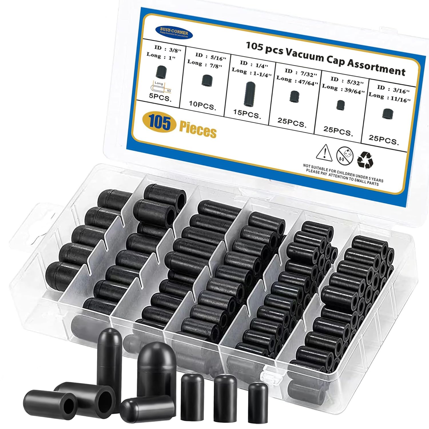 Kit de 105 Peças de Tampas para Mangueiras BUSY-CORNER - Inclui Tampas de 3/8”, 5/16”, 1/4”, 7/32”, 5/32” e 3/16” para Carburador e Coletor de Carro