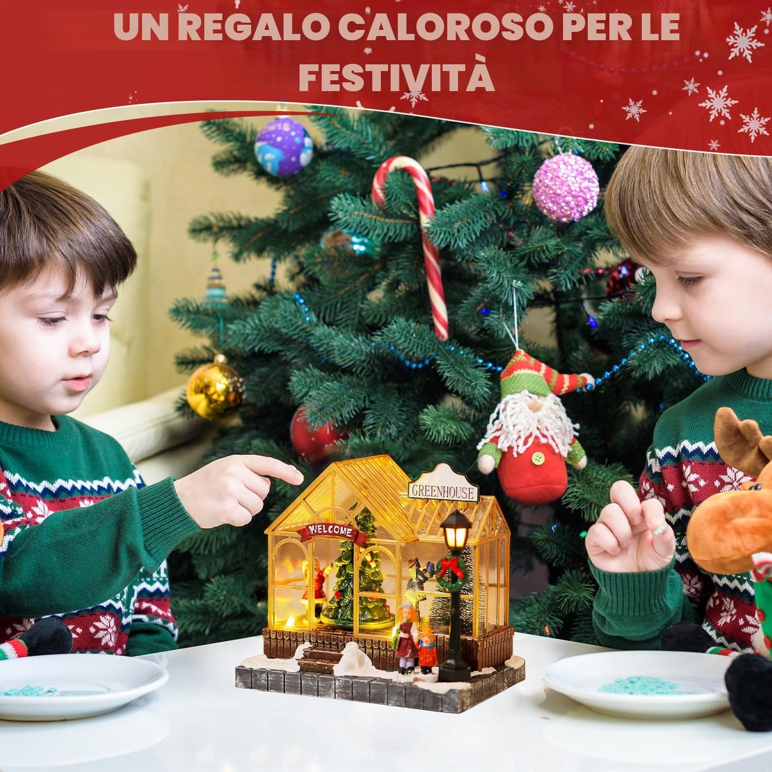 Tissting Incantevole Casa di Illuminazione Natalizia, Ornamenti Villaggio in Resina, Set di Accessorio per Natale, Luminoso Ornamenti per Vacanze Decorazioni Desktop, Kit Casa Decorazione Natalizia
