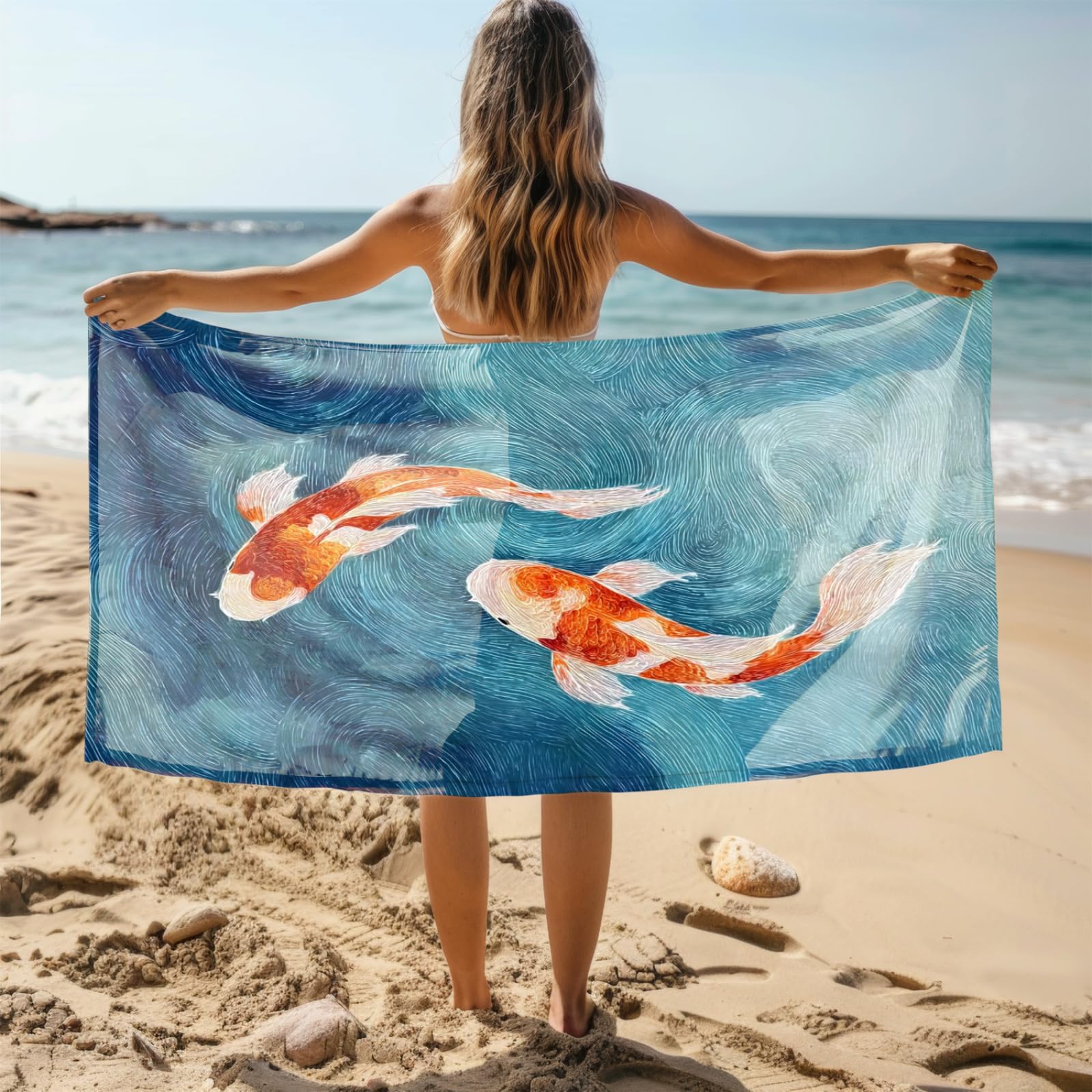 Generico Telo Mare Microfibra 200X100 Oro Arancione Koi Asciugatura Rapida Telo da Spiaggia Sabbia Per Donna Uomo Viaggi Vacanze Nuoto Campeggio