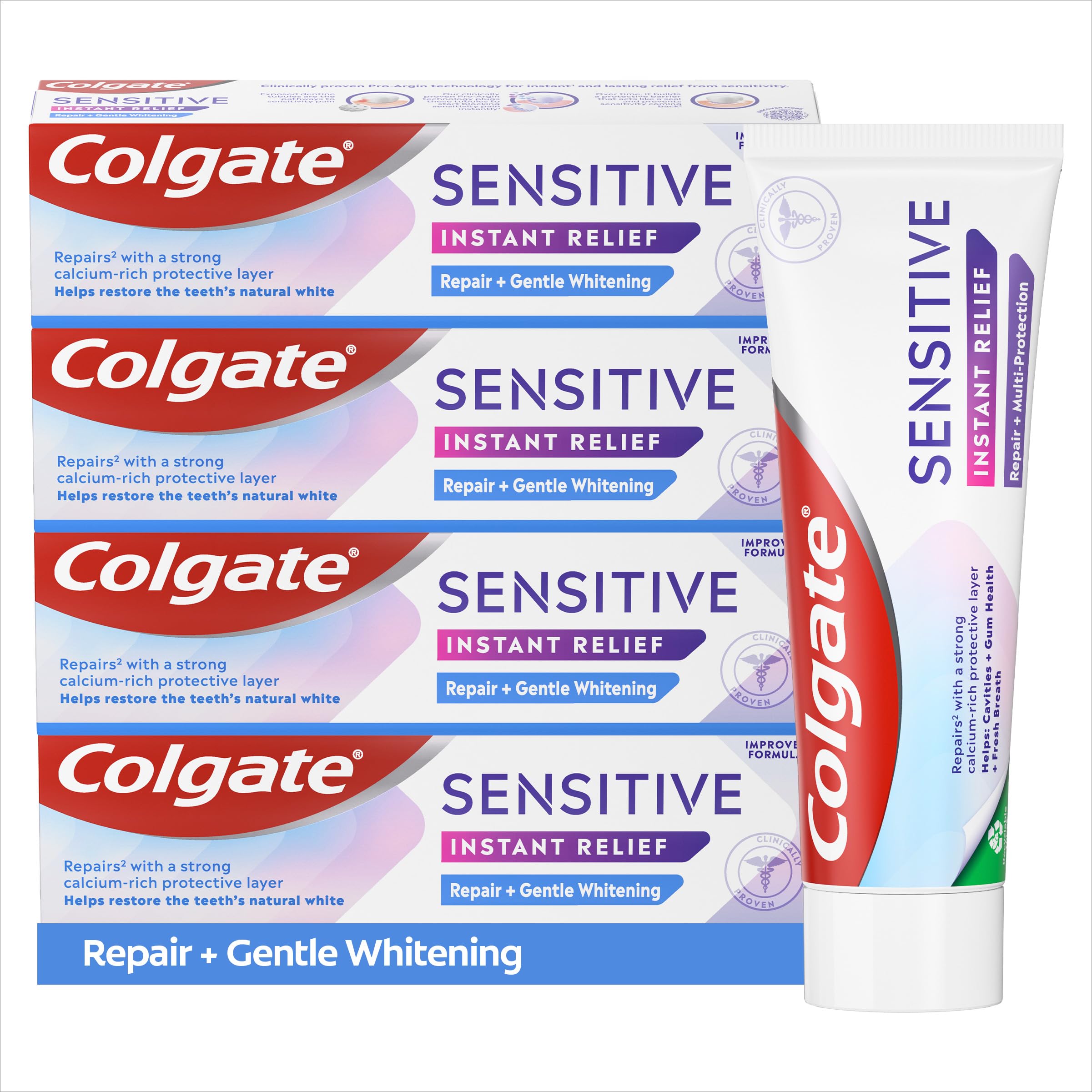 ColgateSensitive Instant Relief Repair + Gentle Whitening Toothpaste | Instant* and Long-Lasting** Sensitivity Relief | Protective Layer with Calcium** | Fluoride Toothpaste | 4 Pack, 75ml Tubes