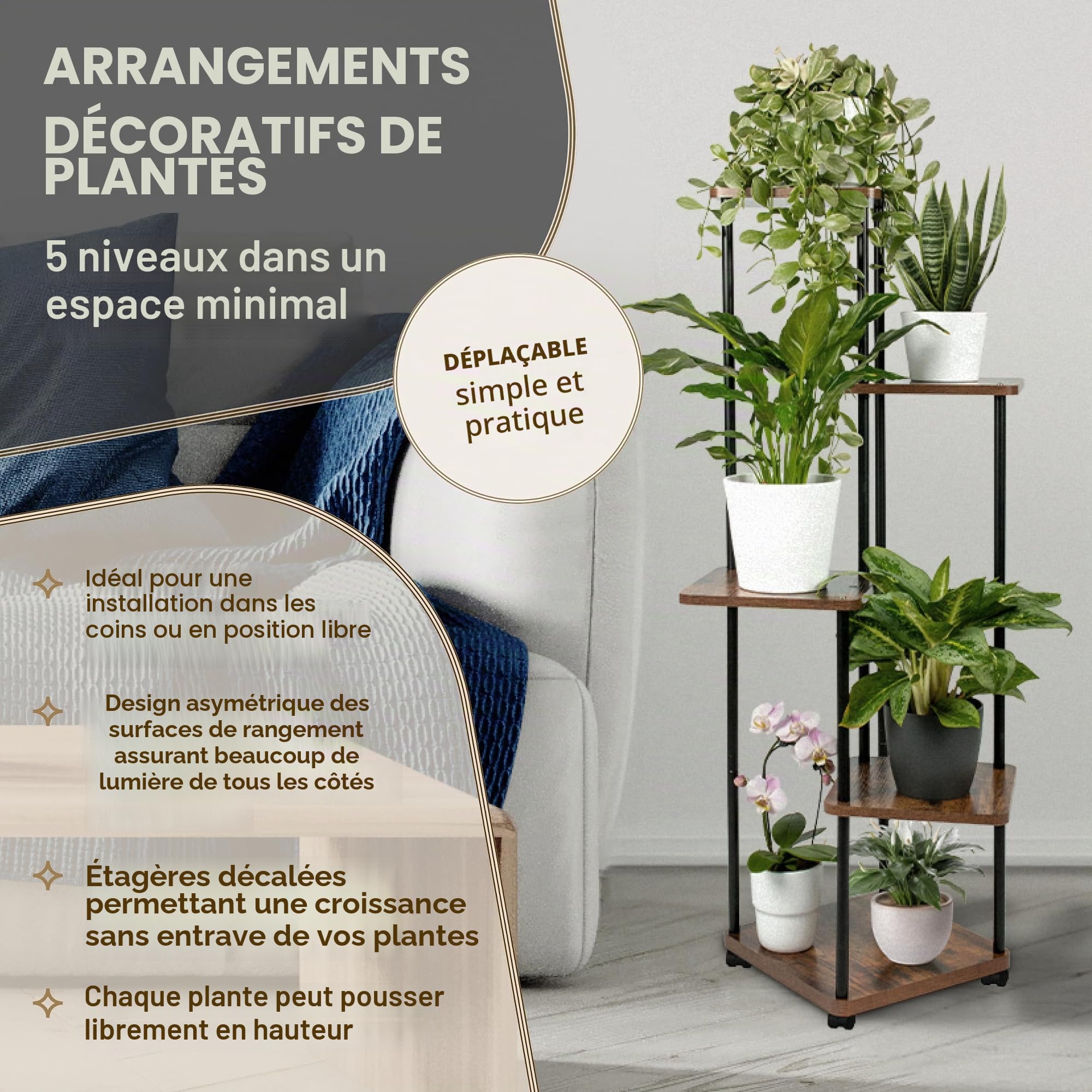 TTL HOME TOWER Étagère à plantes avec roulettes 5 étages – Étagère à fleurs 112 cm de haut pour salon – Support design en bois de chêne et métal noir – Escalier à fleurs & étagère intérieure