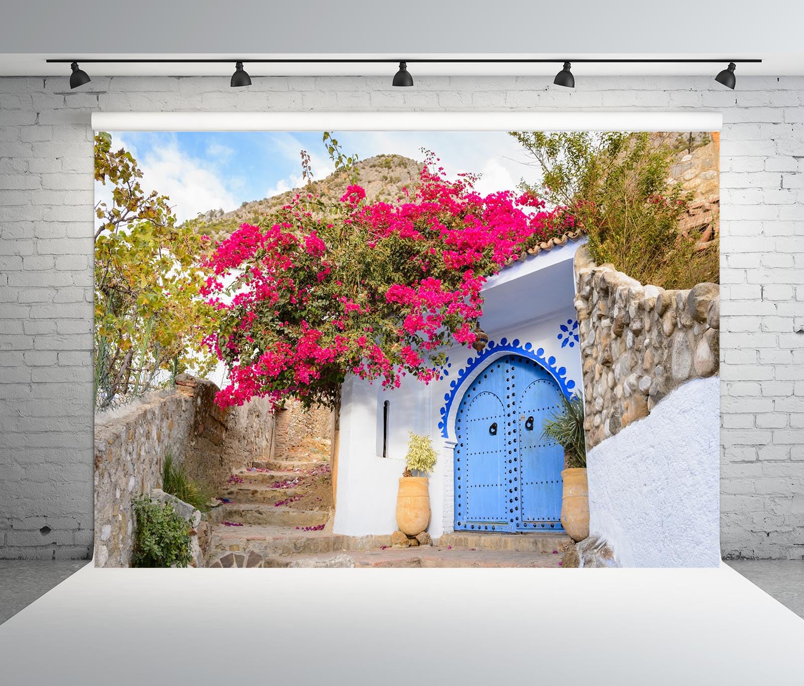 BELECO 3.6x3m Sfondo in tessuto Marocco | Vecchia casa pietra porta blu fiori sbocciati sfondo festa stile arabo marocchino accessori shooting foto