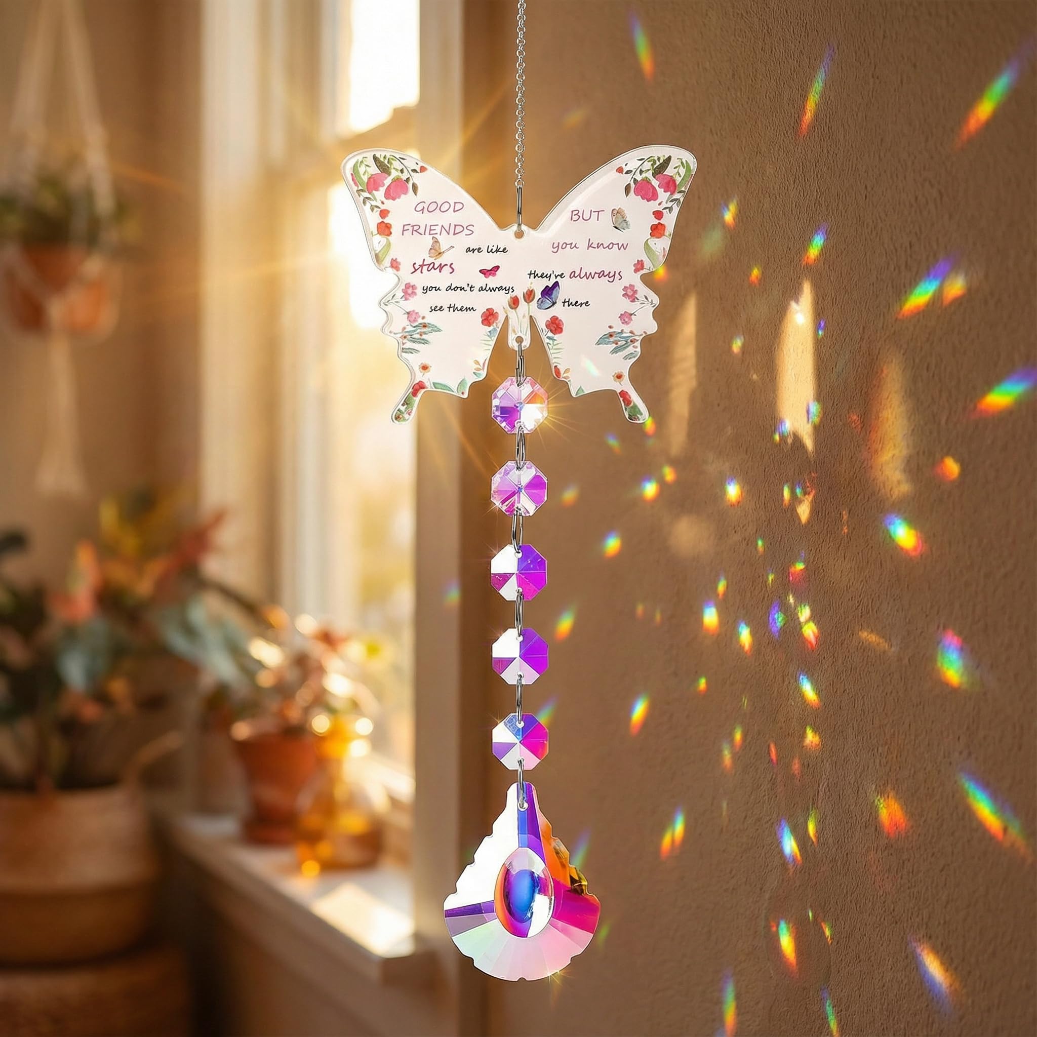 Butterfly Crystal Sun Catcher - Friendship Gift for Women, Unique Hanging Decor with Seashell Chain, Durable Acrylic Garden Ornament for Friend Birthday, Housewarming Gift