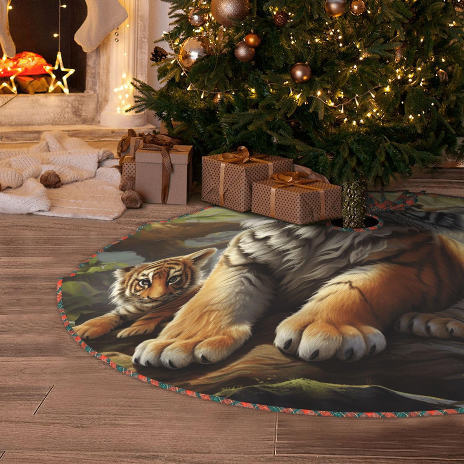 Jungle Tigers Cub Christmas Tree Skirt 48" Artificial Tree Mat Cover Merry Christmas Burlap Xmas Tree Skirt for Christmas Decoration Holiday Indoor Outdoor Winter Party Decor