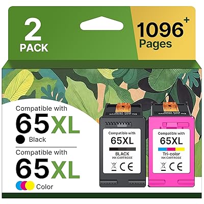 65XL Ink Cartridges Black/Color Combo Pack High-Yield Replacement for HP Ink 65 65XL Ink Cartridges Work for HP DeskJet 3755 3772 3700 3752 3722 2600 2622 Envy 5055 5000 5070 5052 (1 Black,1 Color)
