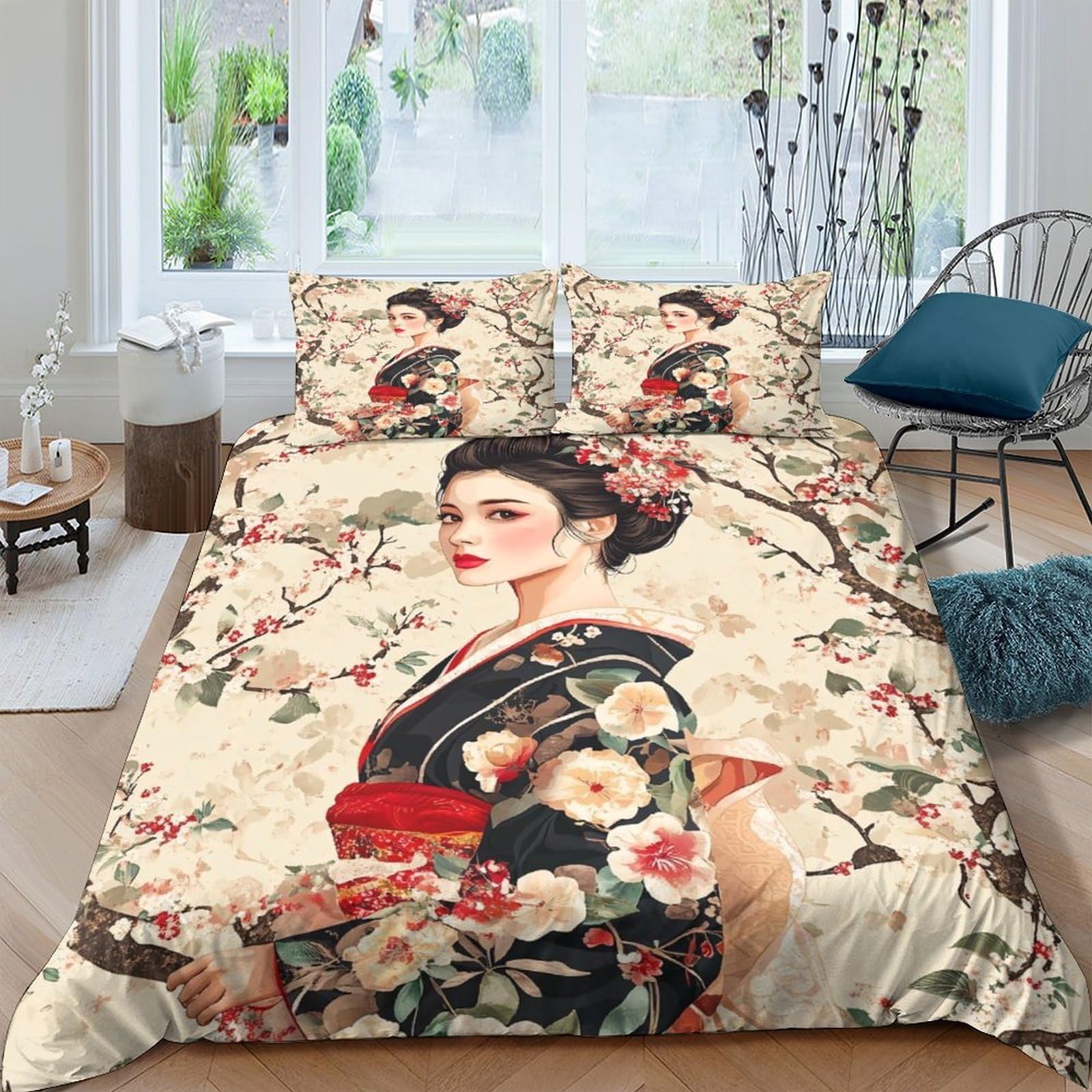 Ctjqhvkz Style-2 3D Printed Japanese Geisha Fitted Sheet Microfiber Soft Floral Kimono Bed Cover For Bedroom Guest Room Decor Single（135X200cm）