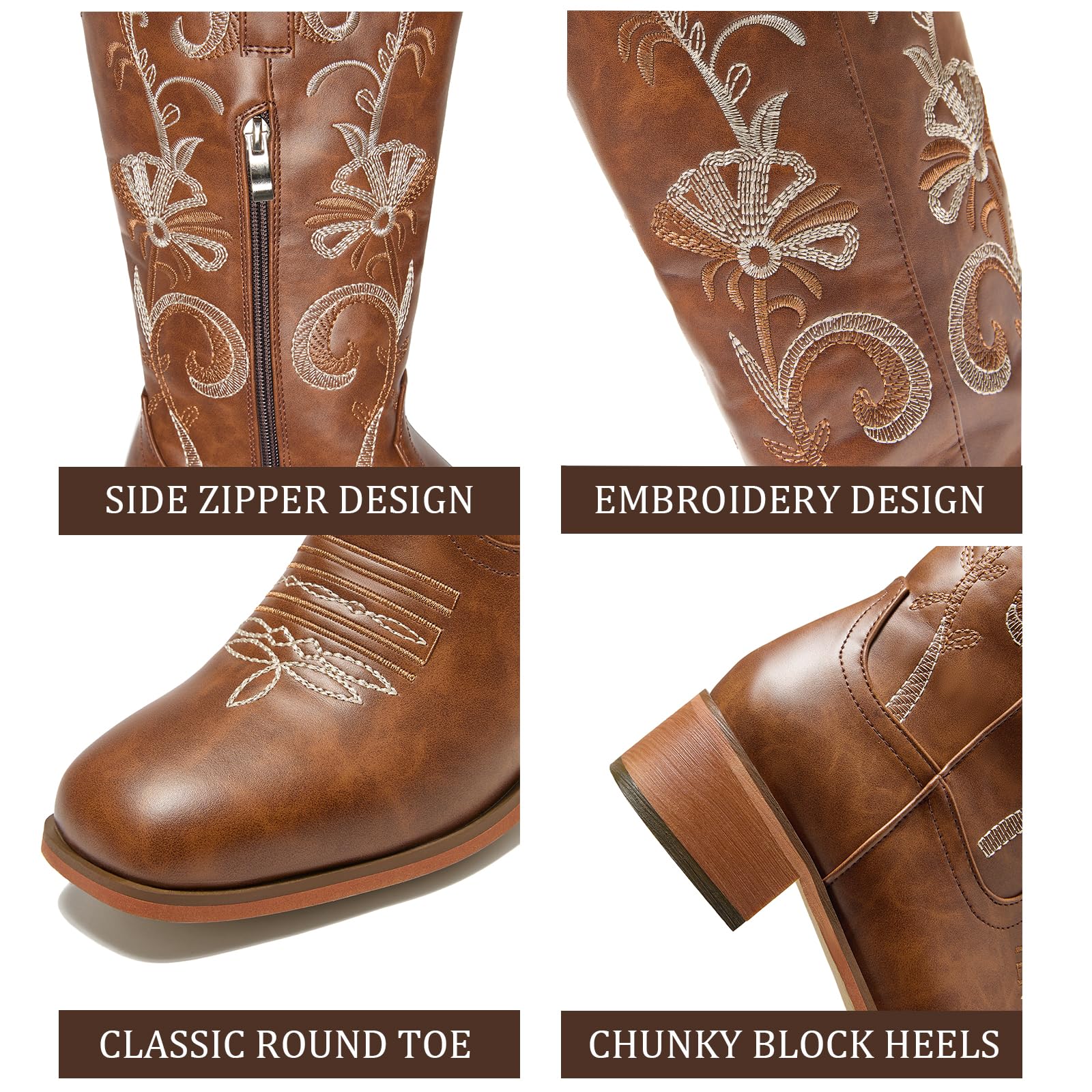 Damen Braun Cowboystiefel Low Heels Westernstiefel Bestickt Cowgirl Stiefel Bequeme Pull on Mid Calf Mexikanische Stiefel