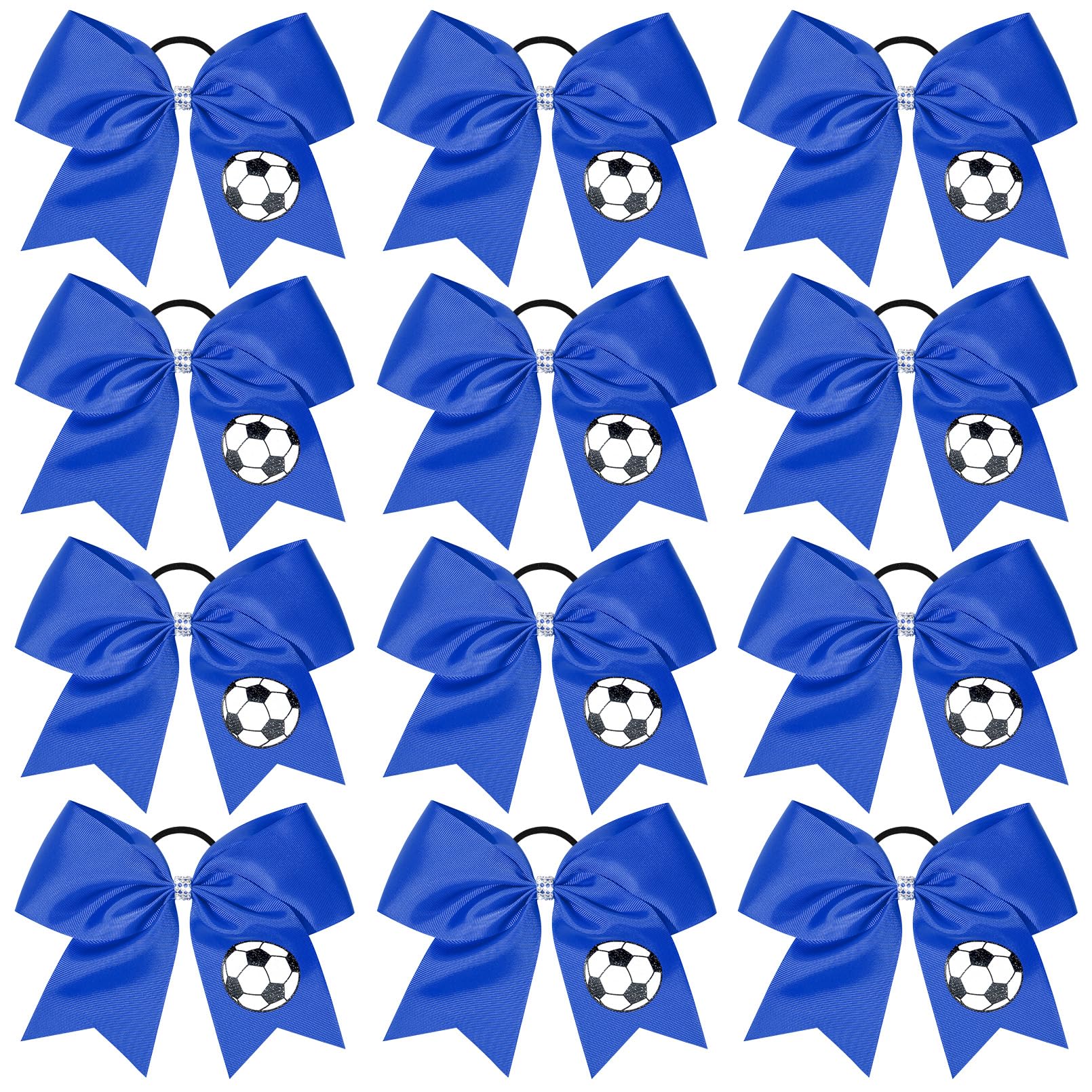 View 1 of 12PCS Soccer Bows 8" Soccer Cheer Bow Large Girls Hair Bows Cheerleading Bows Bulk Elastic Band Ponytail Holder for Teen College Football Competition-Blue