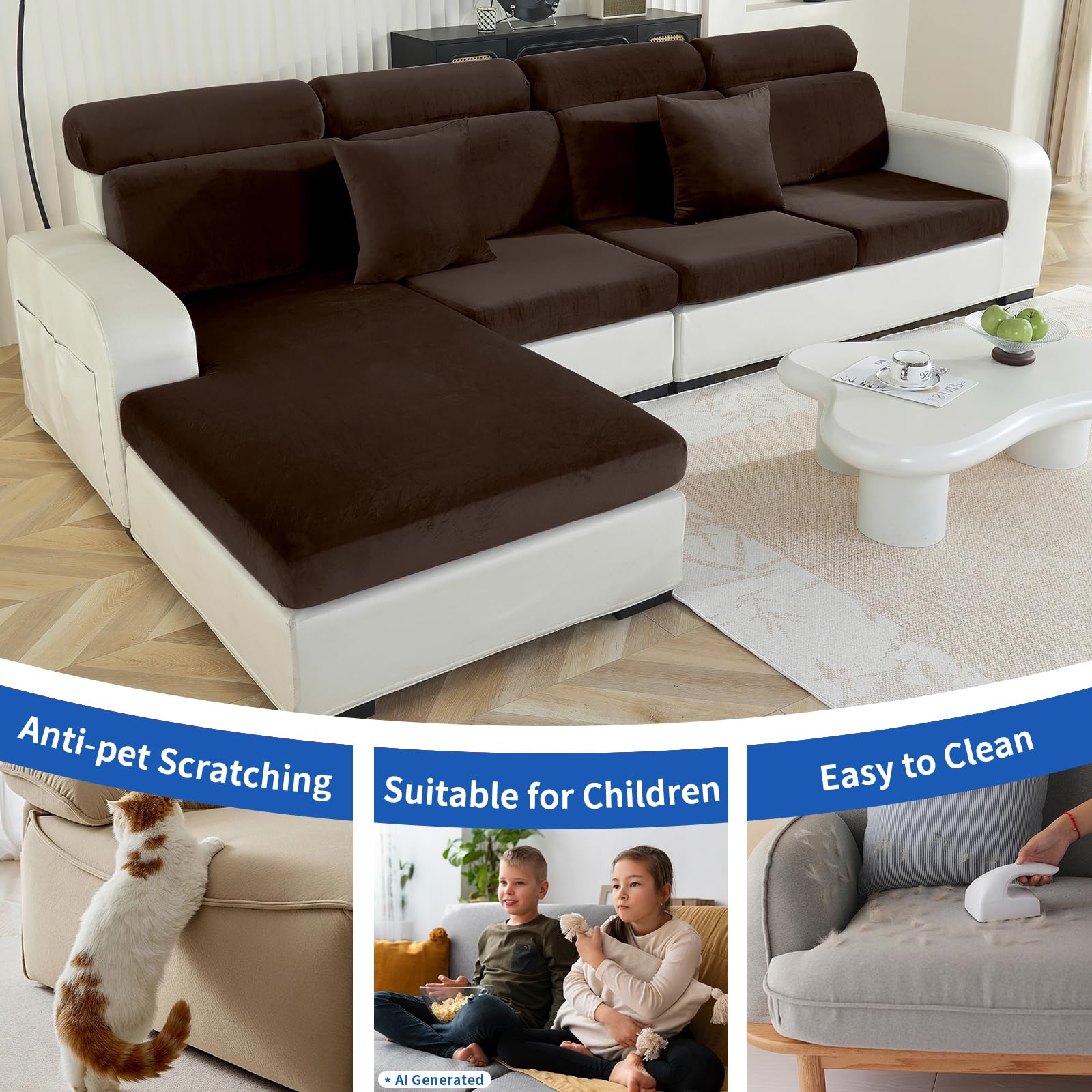 Ystyle Sofa Sitzkissenbezug Stretch, Elastischer Samt Sofa Sitzbezug rutschfest, Universal Sofaschoner Sitzfläche Waschbare, Sofakissen Bezug Sofabezug (1 Sitzer*3+Chaiselongue, Dunkel Kaffee)