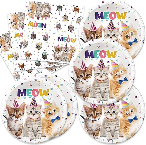 Egami 40 piezas de suministros para fiesta de cumpleaños de gatos y mascotas, incluye 20 platos de postre, 20 servilletas, utilizado para decoración