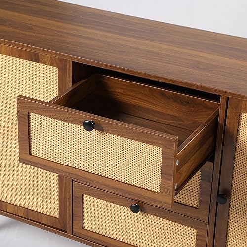Miniatura 6 de IQCNGVX Aparador de ratán con almacenamiento bohemio con 2 puertas y 3 cajones, mesa de consola con estantes ajustables para comedor, sala de estar,