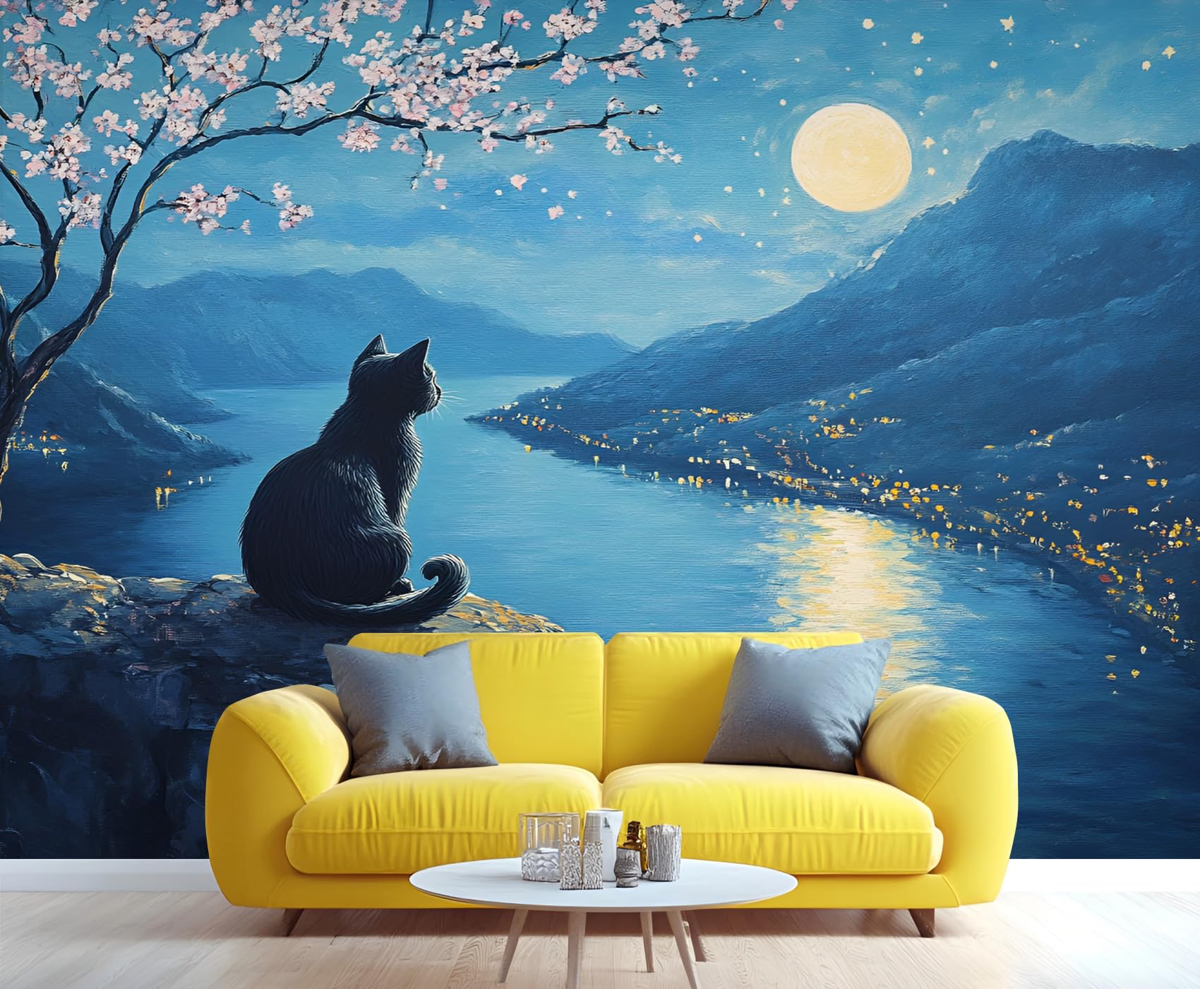 YXQAIED Cherry Blossoms Wallpaper, Pink Flower Wallpaper for Living Room, Bay Landscape Bedroom Wall Paper, Not Self Adhesive Ferocious Wolf 3D Large Mural & Home Decor Poster, 366x254cm — image 1