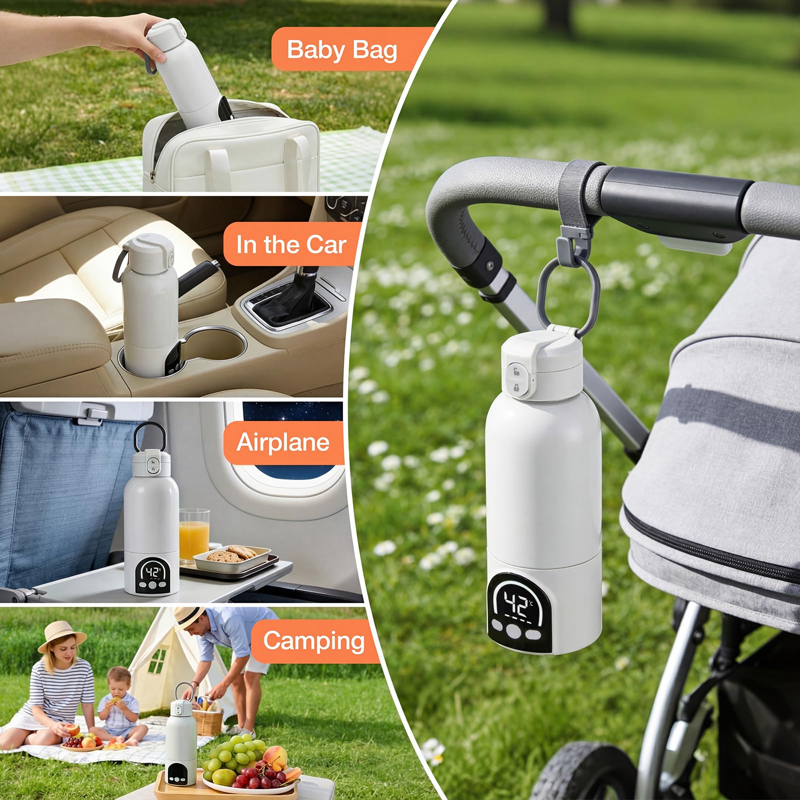 Calentador portátil inalámbrico para biberón portátil de 500 ml para leche materna y agua, 140 W y temperatura ajustable 35 ℃-70 ℃, carga USB calentador de agua para viajes (blanco) — view 5