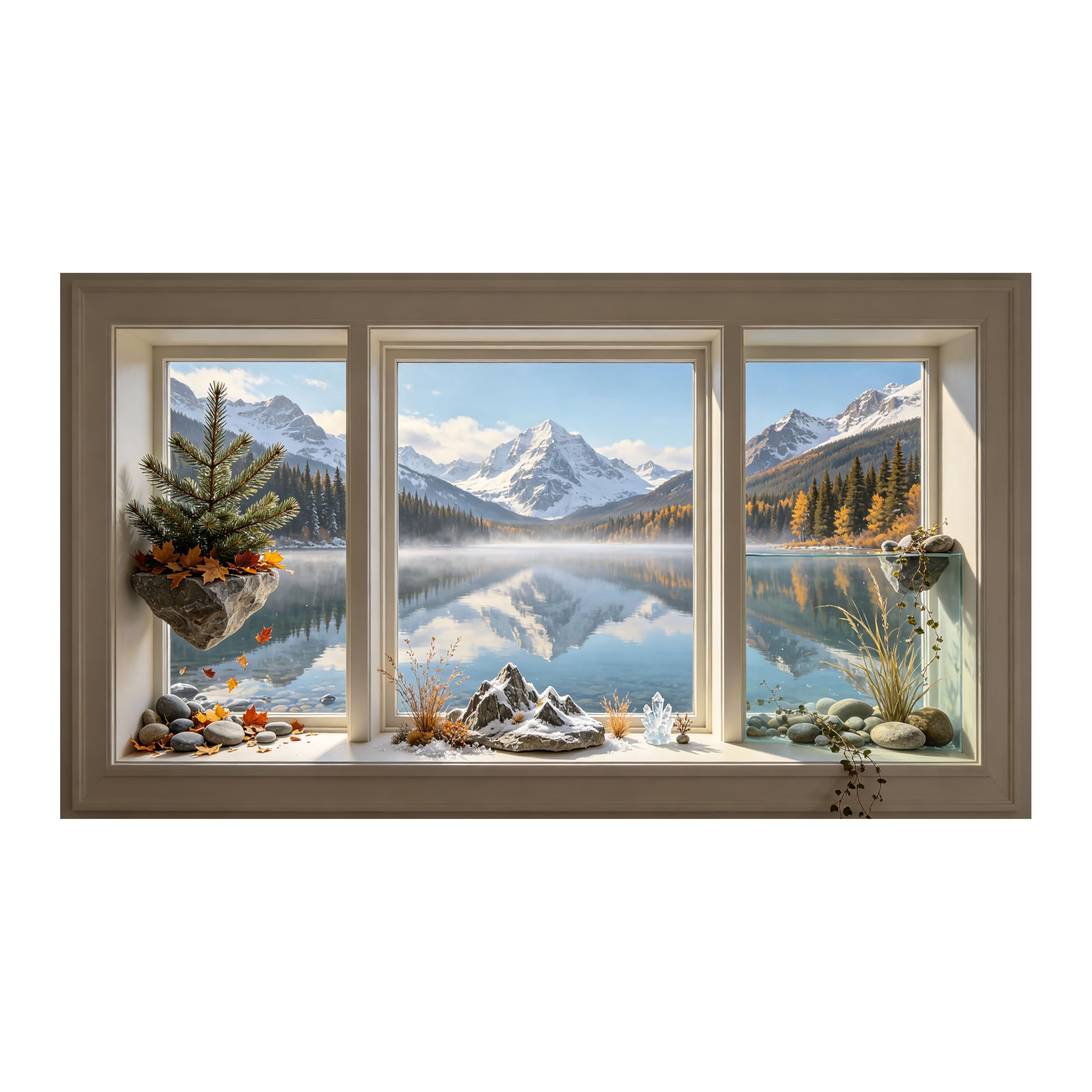 Yzpallescene Art260711256 3D Framed Wall Art Mountain Lake Window View Nordic Landscape Panoramic Large Size Selfadhesive Removable Wall Decor Prints Artwork For Living Room Bedroom Office