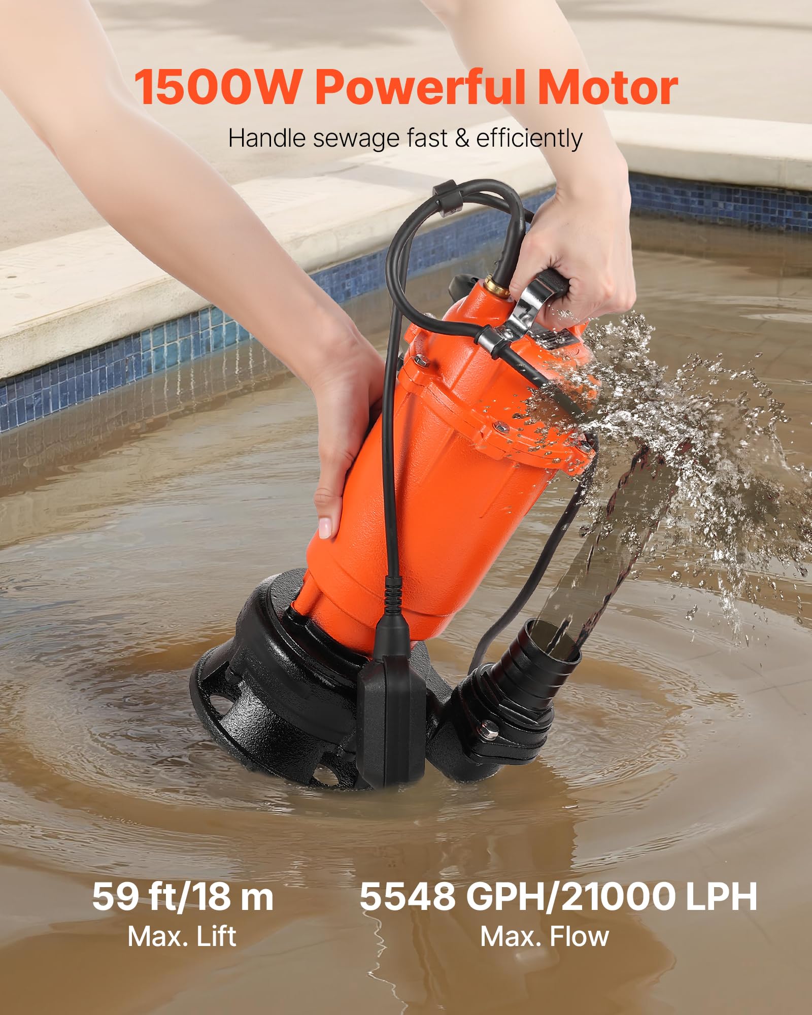 VEVOR Pompa zatapialna do studni 1500 W, 21000 l/h, żeliwna z automatycznym przełącznikiem pływającym, maks. 18 m podnoszenia, odpływ brudnej i czystej wody do basenów, ogrodu
