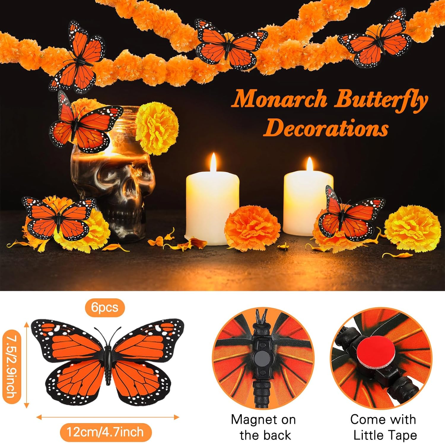 Hanaive 38 Pcs Day of the Dead Decorations Set 2 Artificial 4.9 ft Marigold Garlands, 30 Fake Marigold Flowers, 6 Monarch Butterfly Decorations for Dia De Los Muertos Ofrenda Diwali(Orange and Yellow)