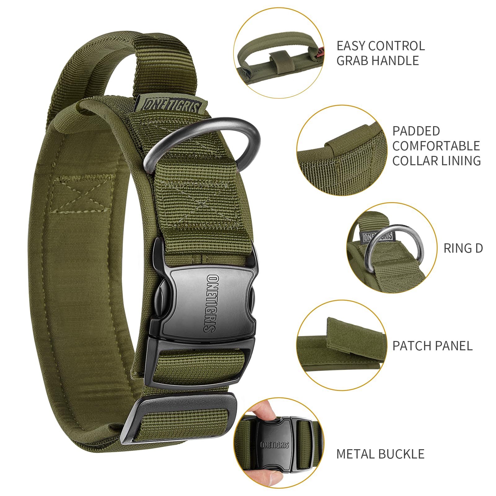 OneTigris Tactical Dog Collars with Handle,Military Dog Collar for Large Dog,Adjustable Nylon Collar German shepherd Collar with Heavy Duty Metal Buckle for Dog Training and Walking (Olive - Image 3