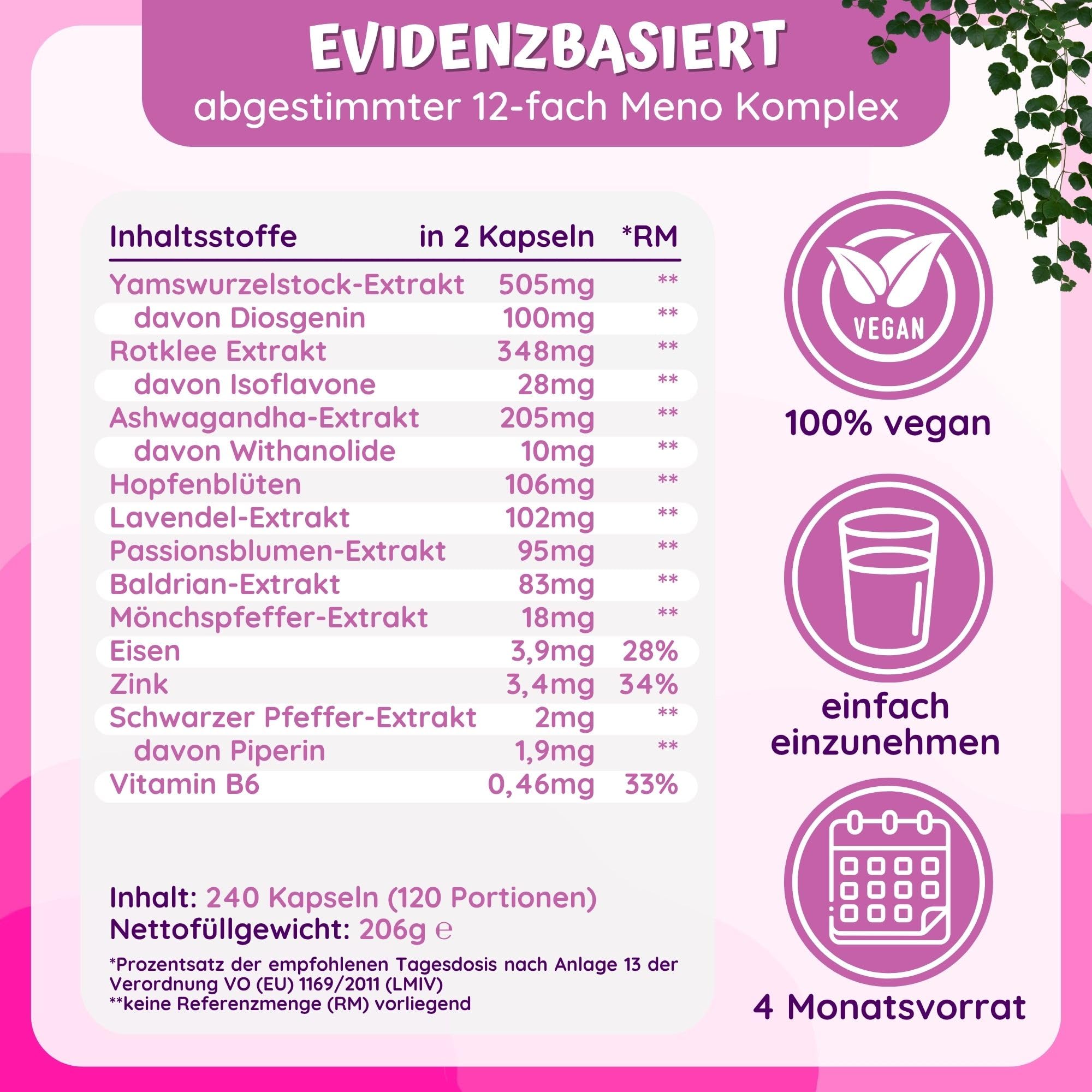 12fach Meno Komplex Wechseljahre Tabletten pflanzlich - Meno Balance Kur | 240 Yamswurzel Kapseln hochdosiert & Rotklee Kapseln + Ashwagandha Mönchspfeffer hochdosiert & B6 für Hormon Balance Frauen