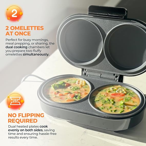 Schallen Electric Omelette Maker Healthy Eating Egg Pan | Non-Stick Coated Ceramic Plates | 2 Individual Cooking Plates with Cool Touch Handle | Stainless Steel | Black & Silver (Deep Fill)