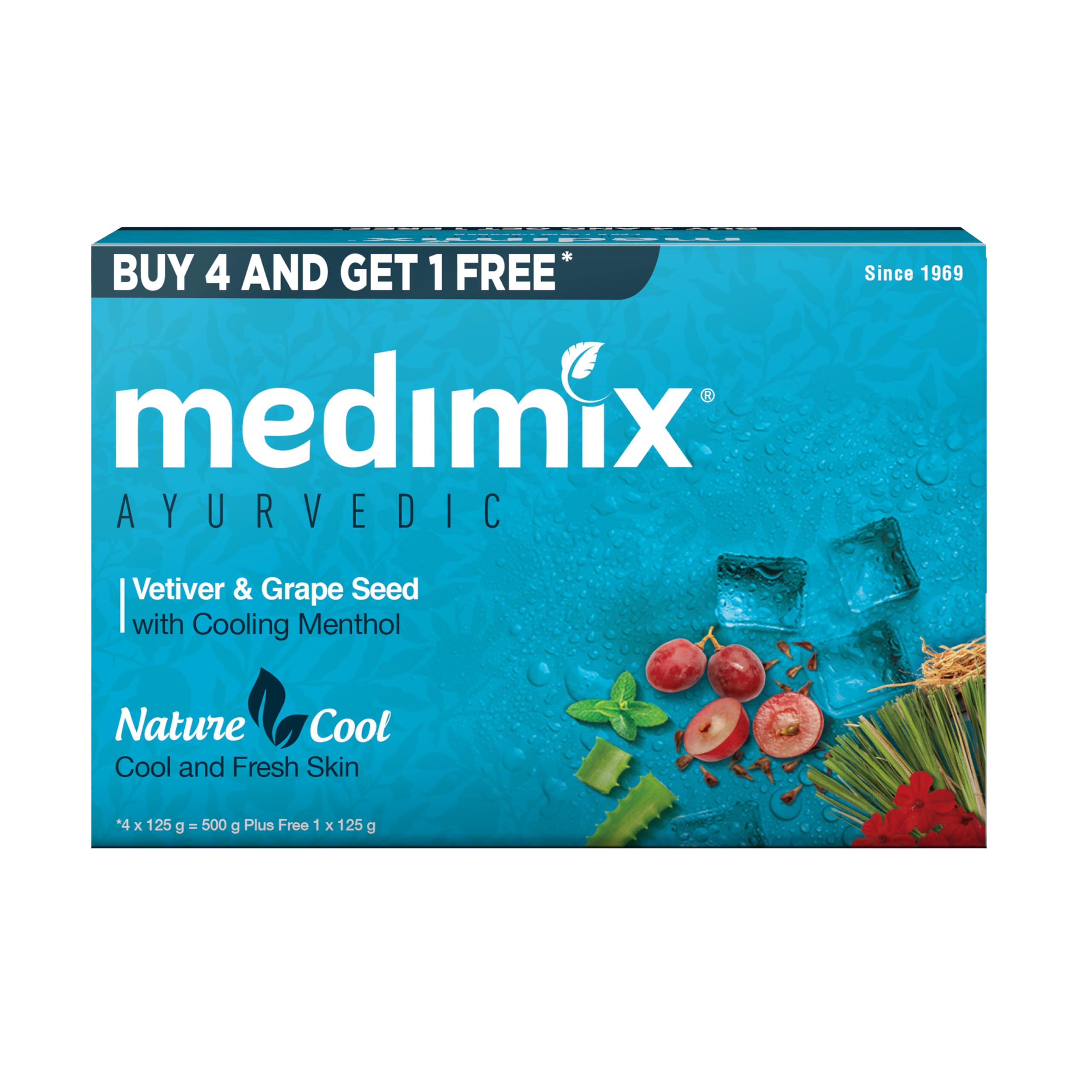 Medimix Nature Cool Soap with Vetiver, Grape Seed and Menthol with 99.99% germ protection, 125 Gm buy 4 Get 1 Free