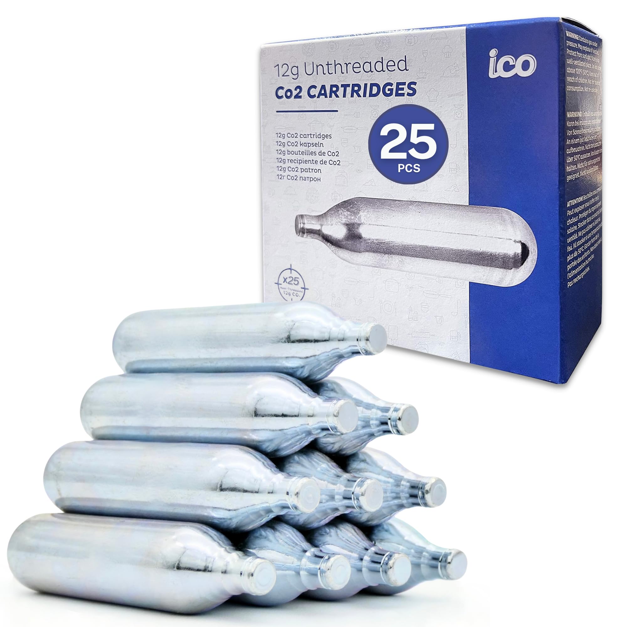 ICO 25 pack 12 gram CO2 Cartridge Non-Threaded, CO2 Cartridge or Airsoft Gas for BB Gun, CO2 BB Pistol, Airsoft Gun, Air Rifle, and Paintball Gun