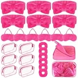 30 Pcs Sleepover Party Supplies for Girls Include 6 Bow Makeup Headband 6 Plush Sleep Eye Mask 6 Velvet Scrunchies 6 Makeup Remover Cloth 6 Clear Cosmetic Bags for Slumber Spa Party Favors Rose Red