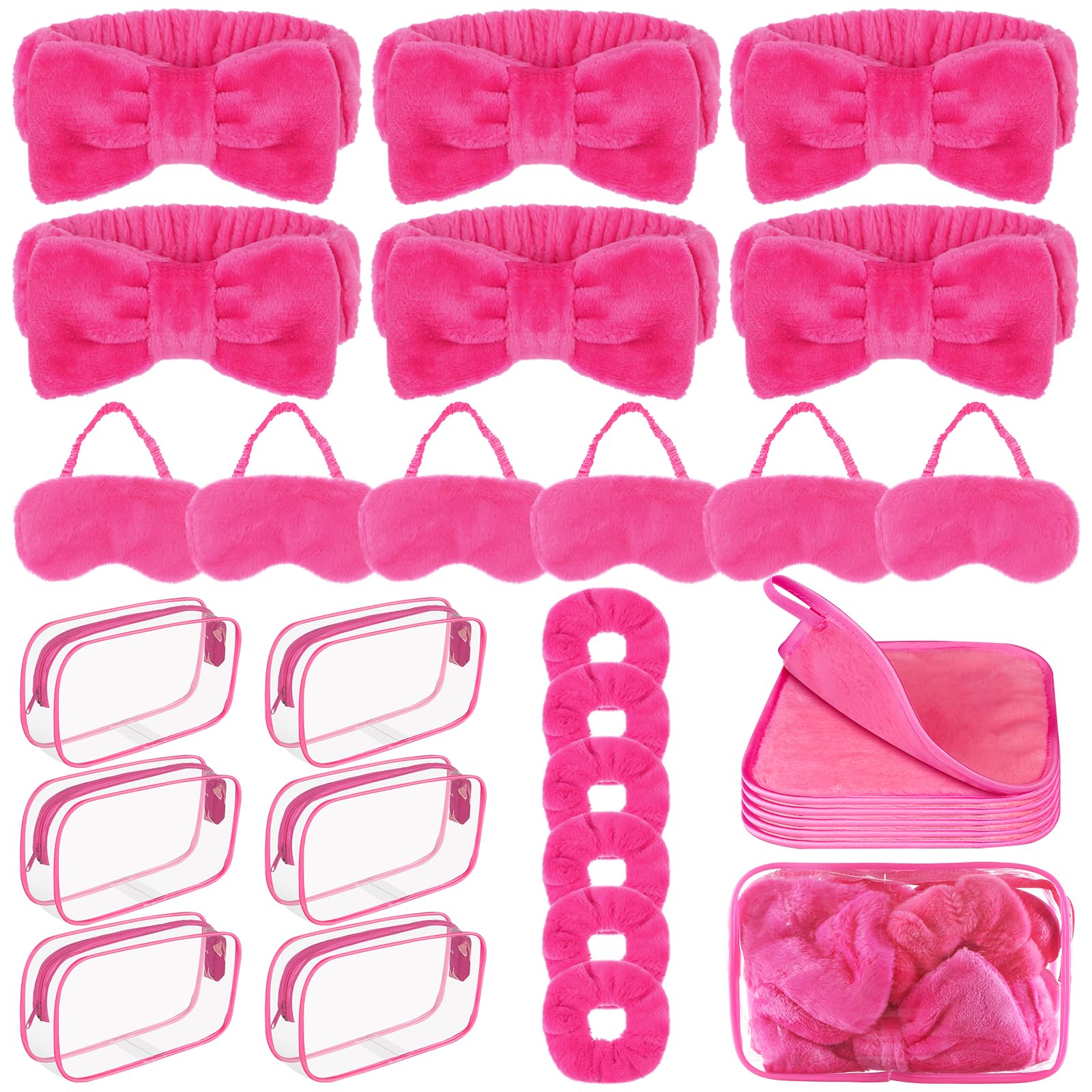 30 piezas de suministros de fiesta de pijamas para niñas, incluye 6 diademas de maquillaje con lazo, 6 antifaz de felpa para dormir, 6 coleteros de terciopelo, 6 paños desmaquillantes, 6 bolsas de