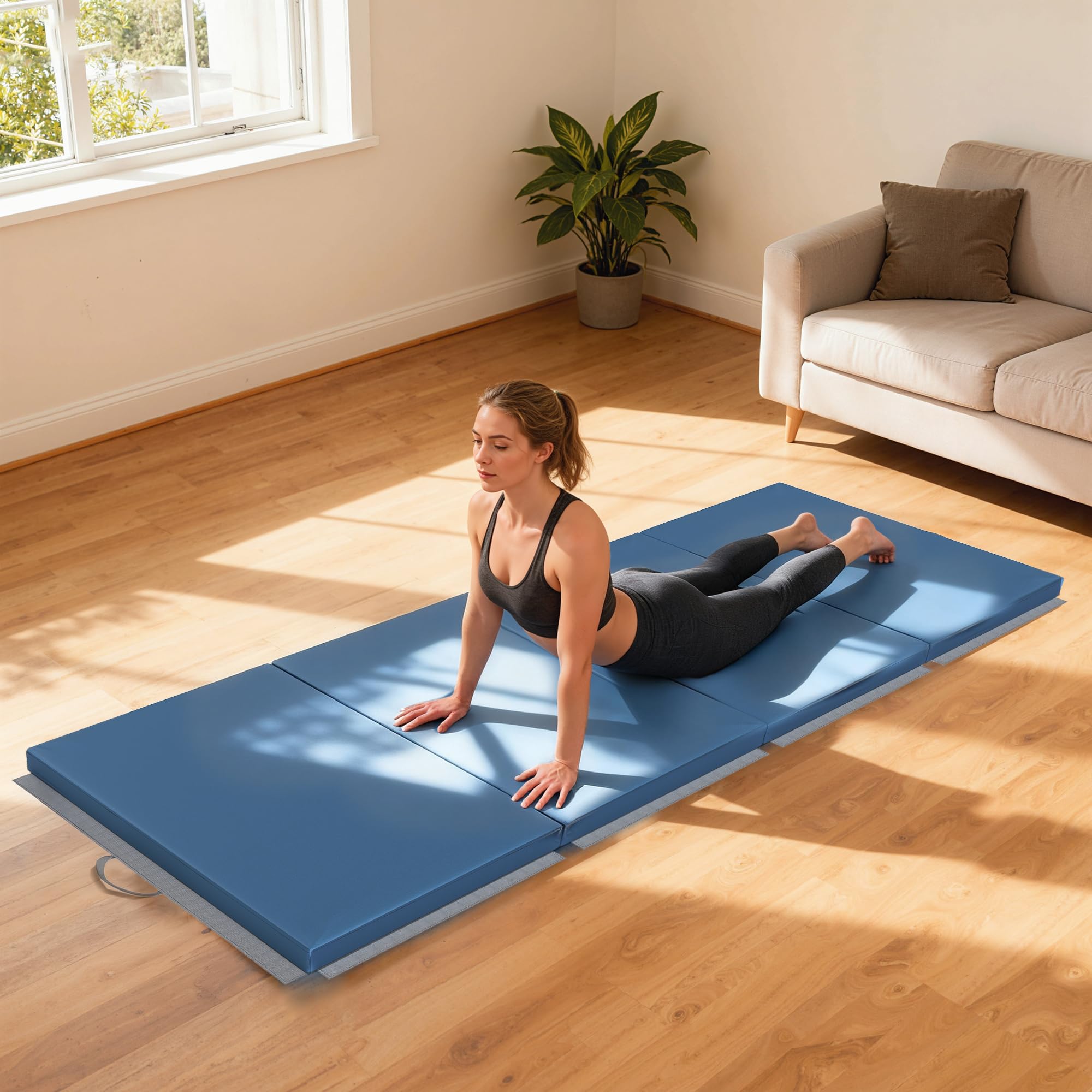 HOMCOM Trainingsmatte, Faltbare Fitnessmatte Sportmatte mit Griffen Gymnastikmatte Gymnastik Tumbling Matte für Yoga, MMA, Fitness, Pilates, Synthetikbezug, Hellblau, 240 x 120 x 5 cm