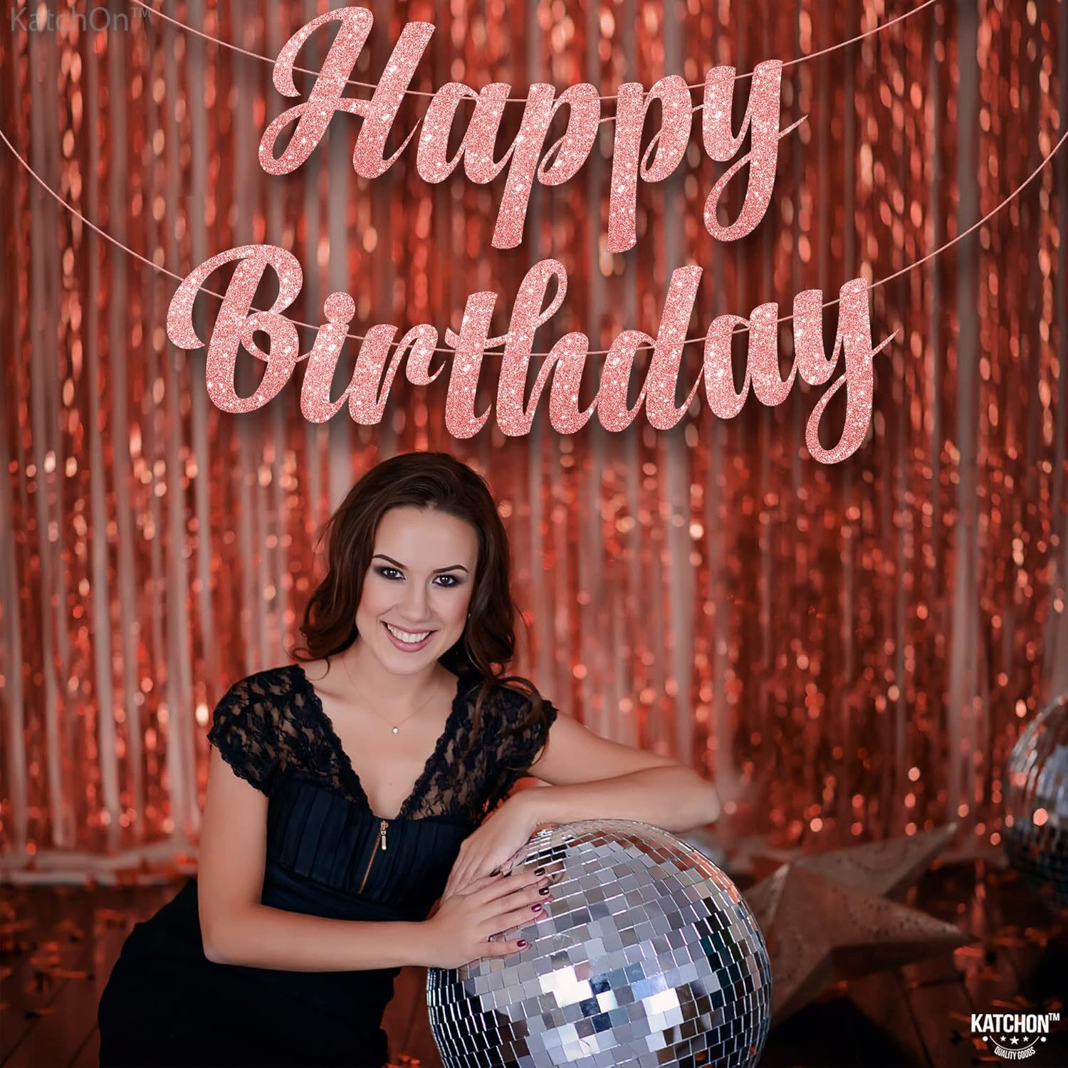KatchOn, Pre-Strung Glitter Rose Gold Happy Birthday Banner - 10 Feet, No DIY | Rose Gold Banner for Happy Birthday Decorations | Pre-strung Happy Birthday Sign