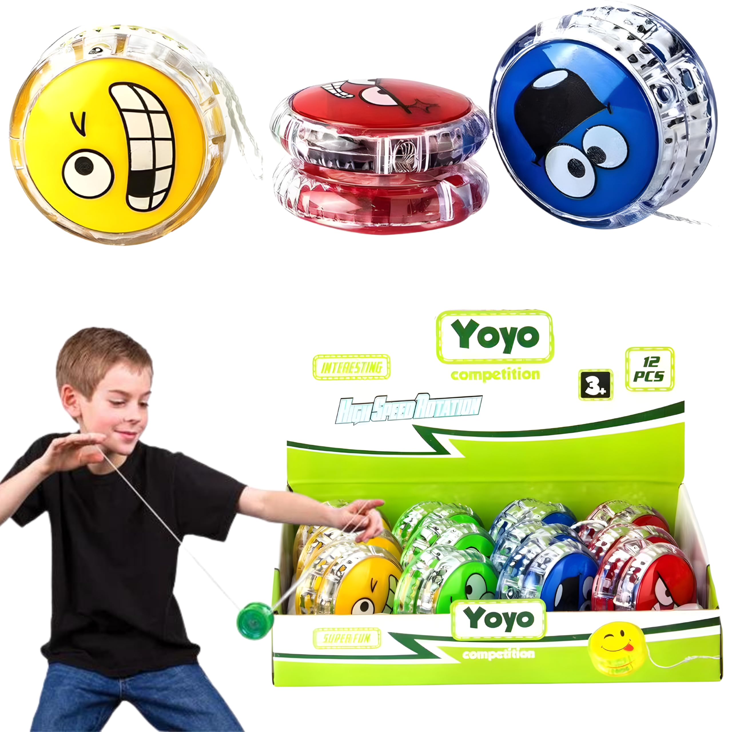 12pcs Emoji YoYo Ball with Flashing LED Light | Smiley Face Glow Yo-Yo Toy for Boys & Girls | Fun Emoticon Light-Up Party Favour, Classic Return Gift, Kids Games, Multicolor