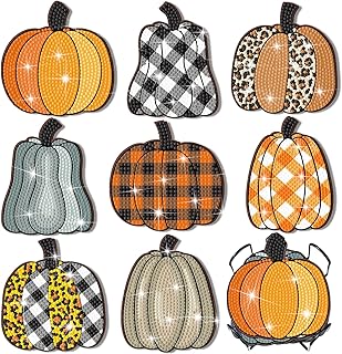 Shellwei 8 Pcs Fall Diamond Art Coasters Pumpkin Diamond Painting Coasters with Holder Beginner Adults Kids Art Kit DIY Diamond Painting Kit Diamond Coasters for Autumn Crafts Gift