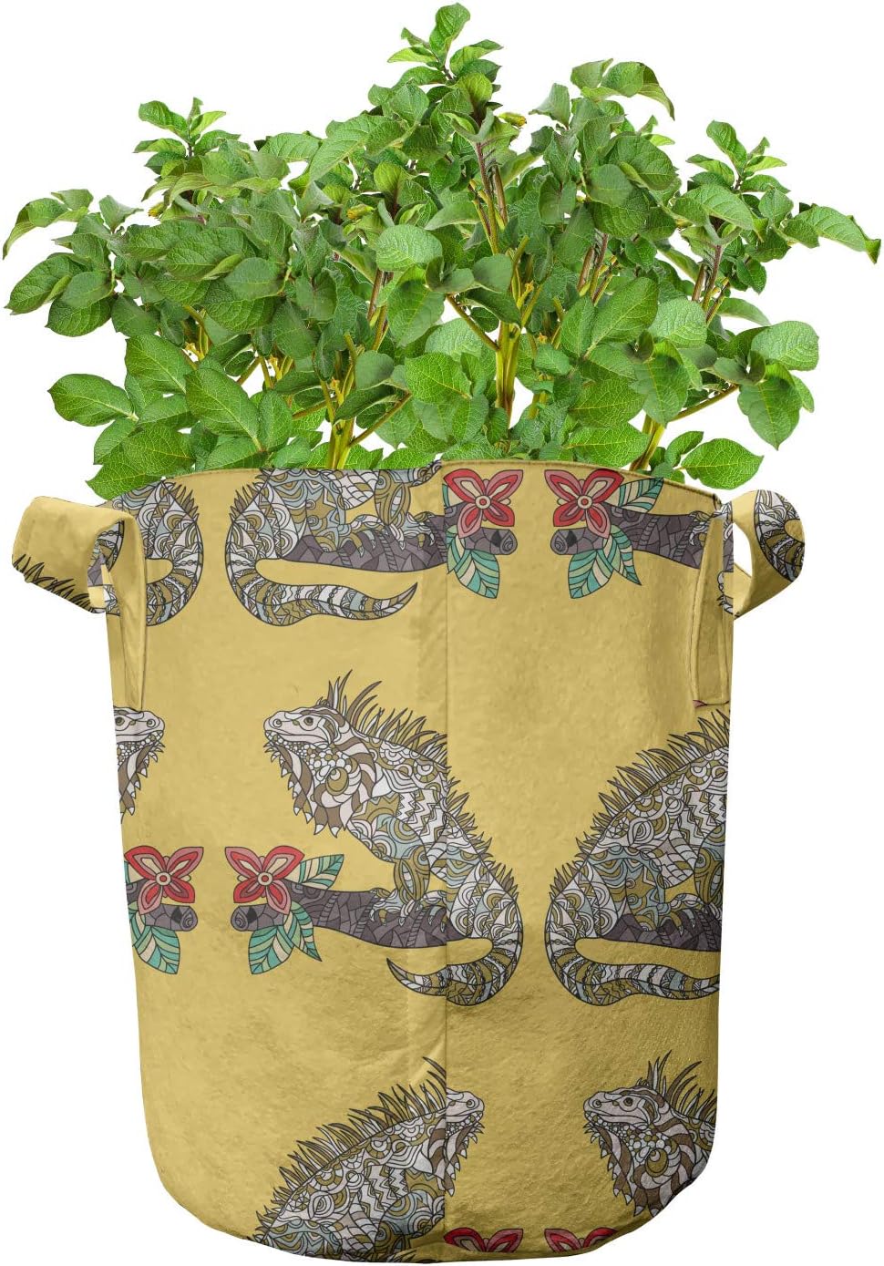 Lunarable Iguana Grow Bags 5-Pack, Ornamental Lizard Art, Heavyduty Fabric Pots with Handles for Plants, 7 Gallon, Mustard Multicolor