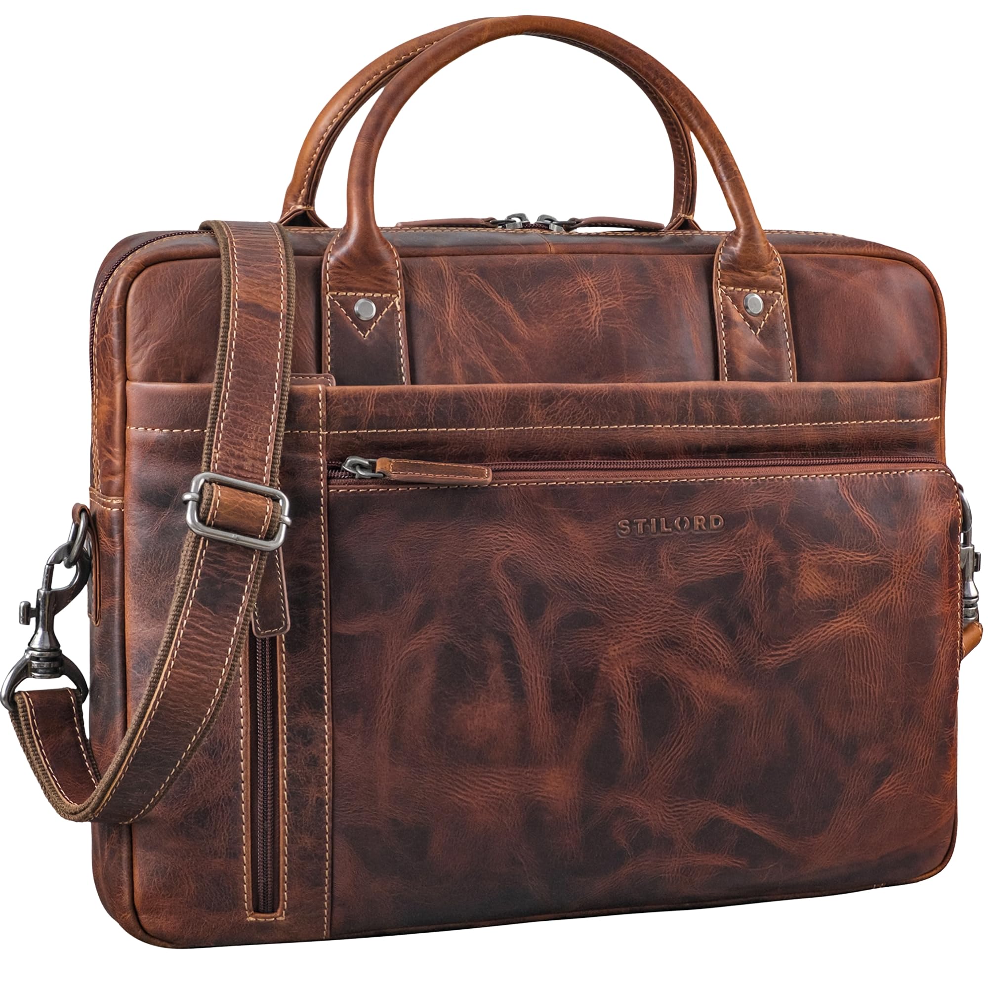 STILORD Jared Sac Ordinateur 16 Pouces Cuir Homme – Sacoche Business Haut de Gamme en Cuir Véritable – Mallette de Travail Bandoulière – Compartiments Multiples Couleur:Salerno - Marron