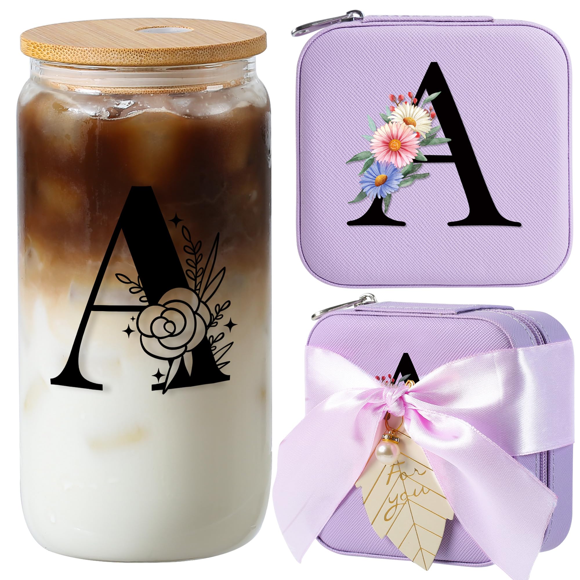 AYGXU teacher appreciation gifts, birthday gifts for women,initial glass cups with lids and straws 16oz,iced coffee cup,Travel Must Have Jewelry Box set,travel Jewelry Case Organizer,Initial A purple