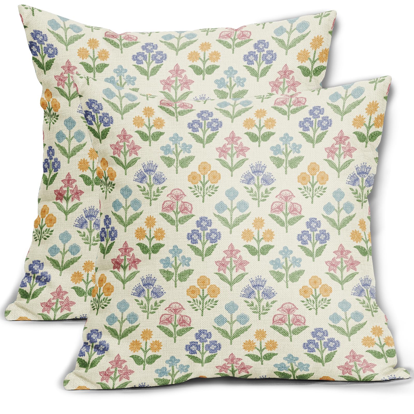 Sivirary Spring Floral Easter Block Print Pillow Covers 18x18 Inch Set of 2, Pink Yellow Blue Purple Flower Holiday Decorative Throw Pillowcases