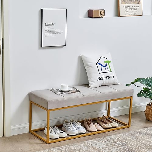 Miniatura 27 de Banco de metal de terciopelo, banco tapizado en el extremo de la cama con marco de metal, moderno banco de entrada de canal copetudo con asiento