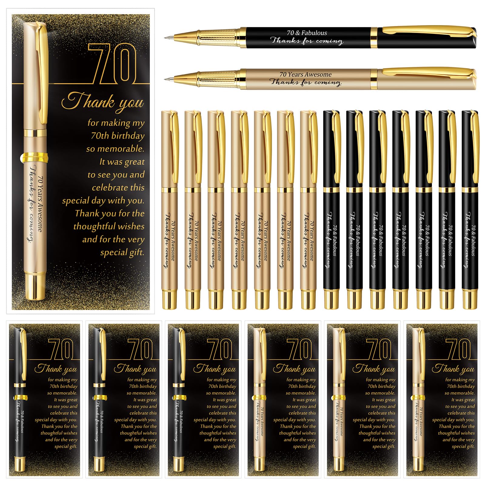 Feifeiya 50 Set 70th Birthday Party Favor for Guest Anniversary Party Favor with Black and Gold Ballpoint Pens and Thank You Cards for Women Men Birthday Anniversary Appreciation Gifts