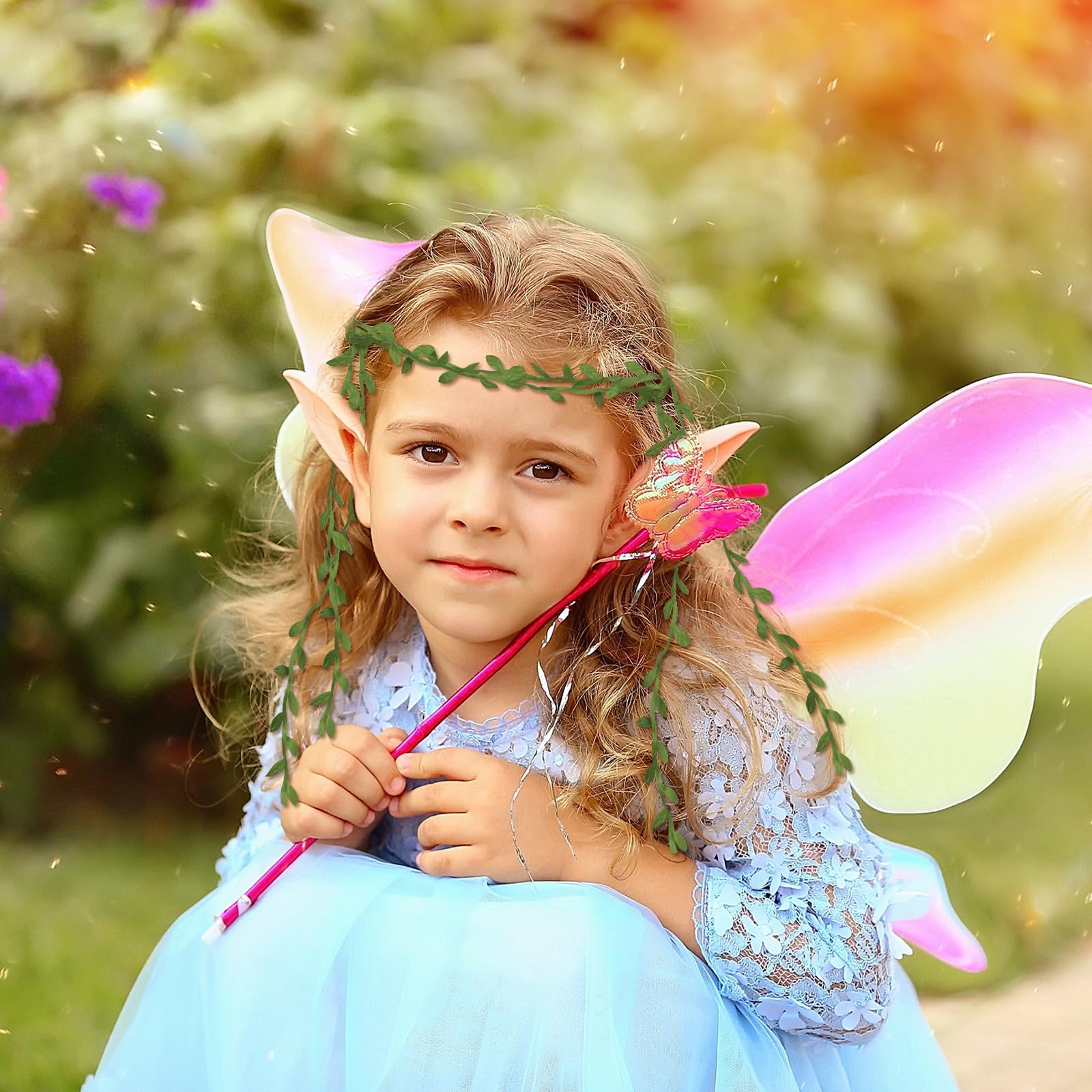 HONMOK 3 PCS Girls Elf Costume, Green Fairy Elf Outfit Include Leaf Crown Headband Elf Ears Tutu Dress - Image 3