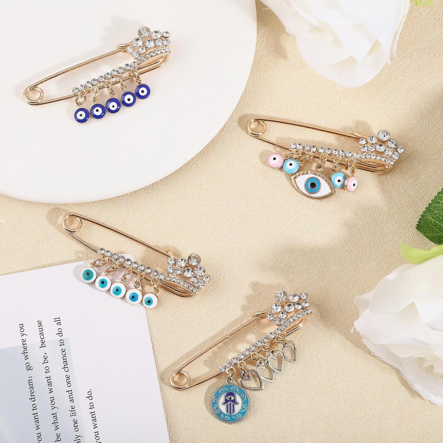 4 Pcs Evil Eye Brooch Pin Gold Plated Crown Rhinestone Wedding Bouquet Kit Lapel Pin Brooches for Women Multipurpose Brooch Ladies Accessories