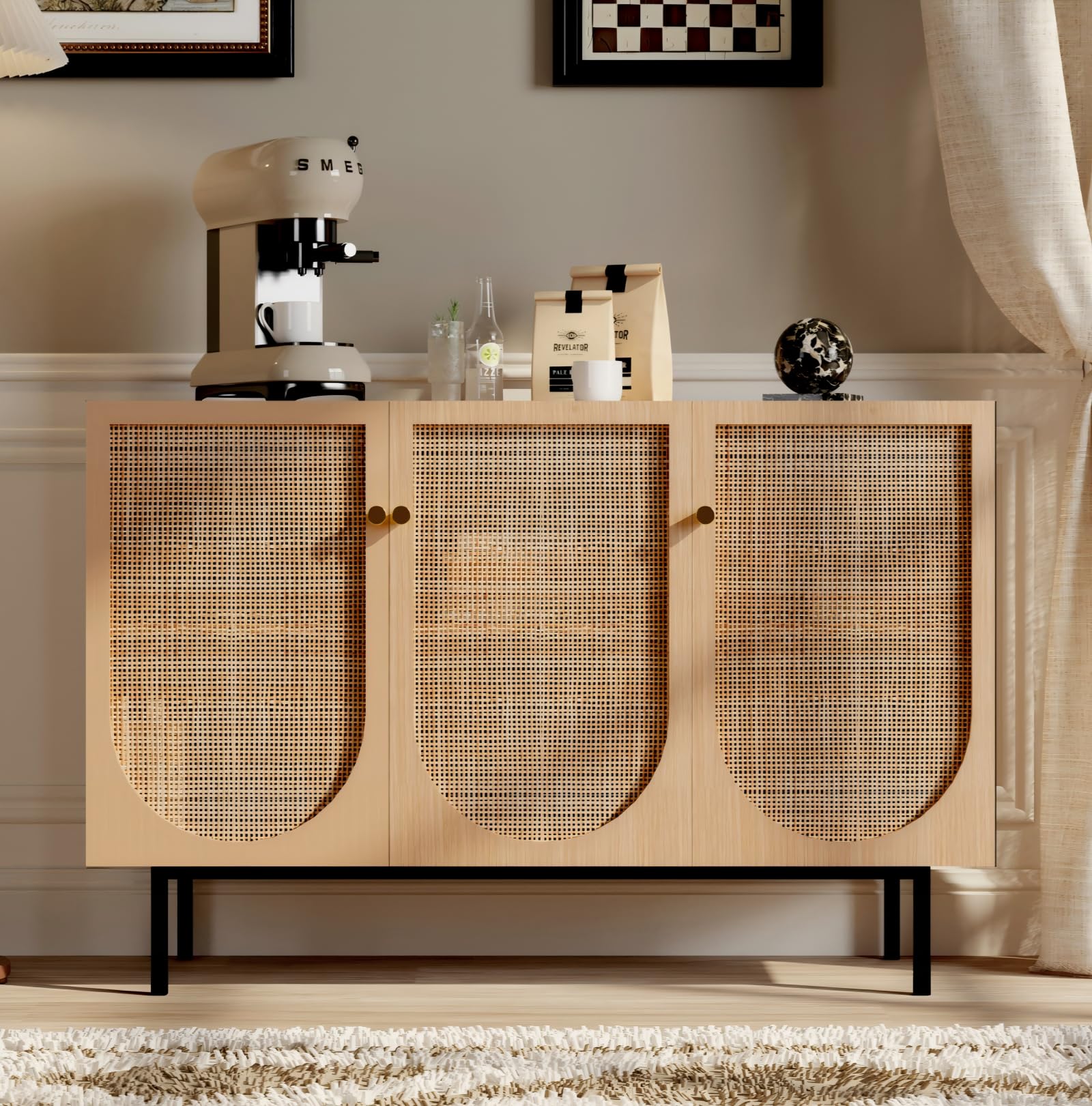 DAWNYIELD Rattan Storage Cabinet with 3 Doors, Wooden Sideboard with Metal Handles and Adjustable Shelves, Rattan Buffet for Living Room, Bedroom, Kitchen, Hallway, 117 x 37.5 x 75 cm
