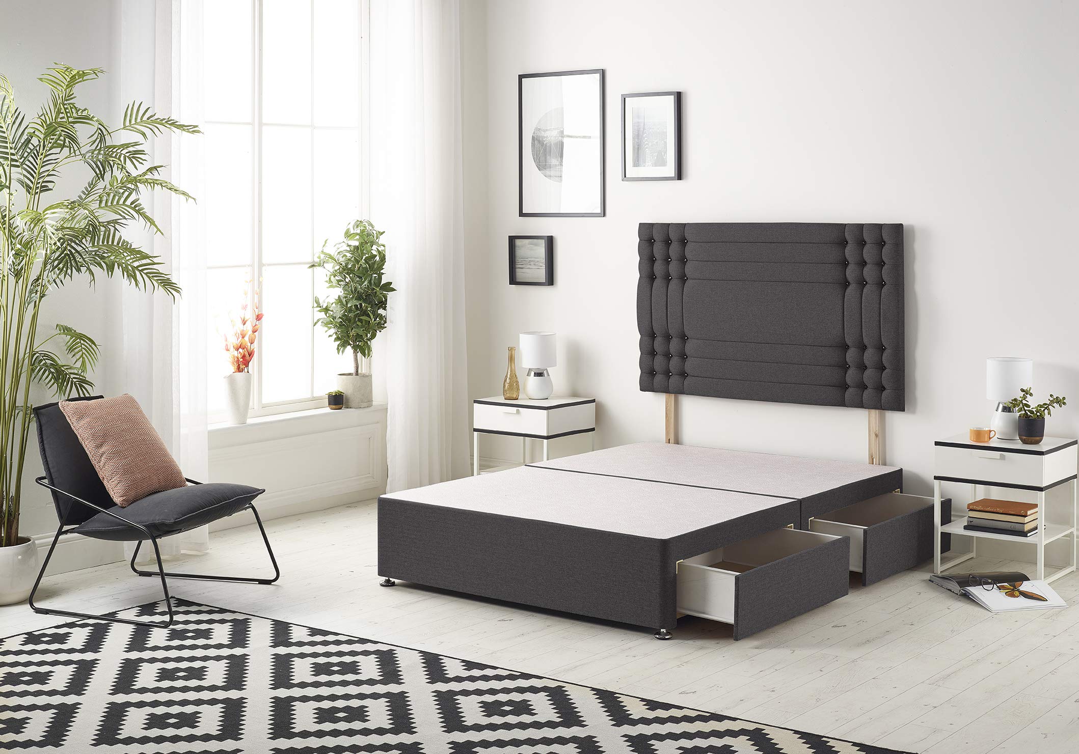 Bed Centre Flexby Divan Bed Base With 2 Drawers And Headboard Available in 3ft, 4ft, 4ft6, 5ft, 6ft, Fabric (Black Plush Fabric, 3FT Single)