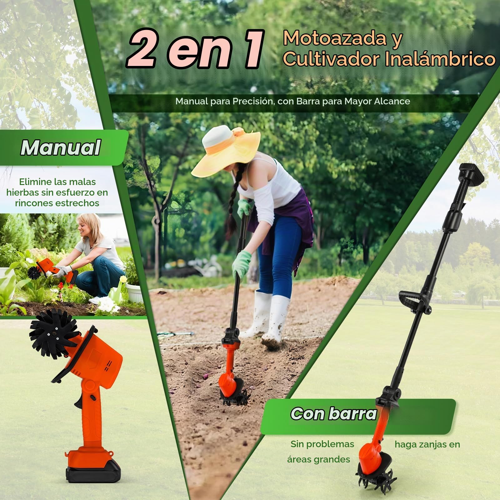 Moongiantgo Cultivador Inalámbrico 2 en 1 Doble Batería 21V, 2×1500 mAh | Diseño Portátil/Mango Extensible con 4 Hojas de Acero, para Desmenuzar el Suelo, Deshierbar, 10cm Profundidad/Anchura