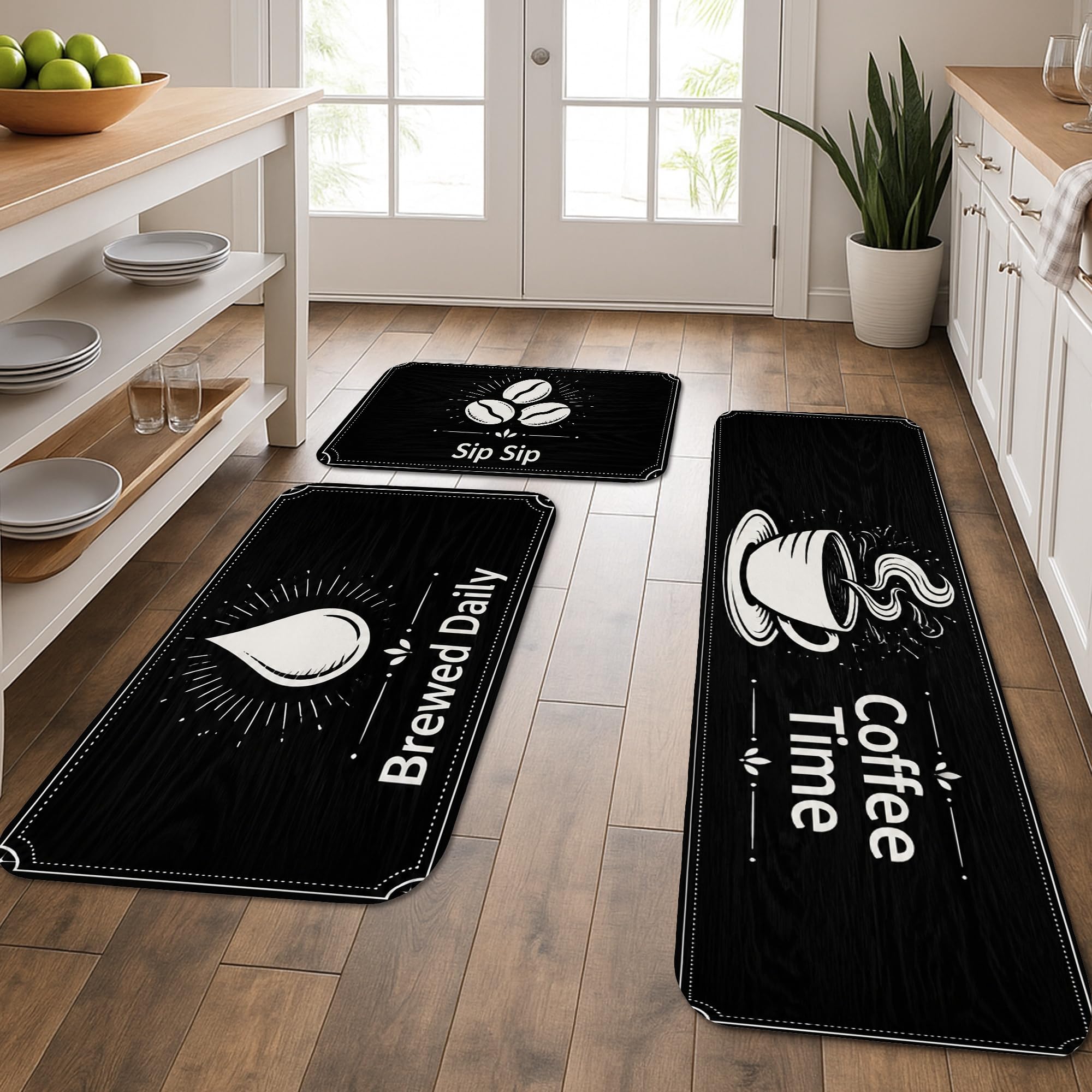 Tapis de cuisine sur le thème du café lot de 3 noir et blanc pour sol lavable
