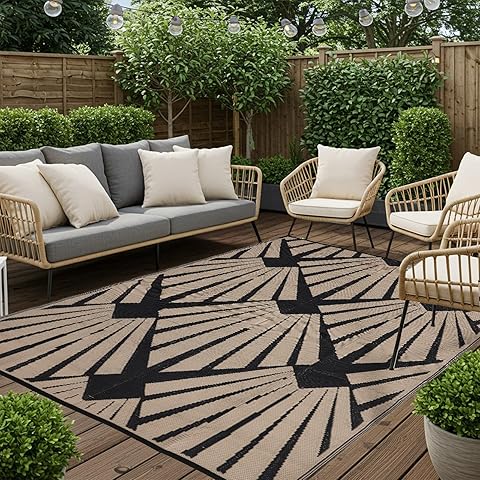 BUPPLEE Outdoor Rug for Patio, 9x12 Ft Reversible Outdoor Plastic Straw Rug Waterproof Foldable Camping Mat with Uv Protection, Quick-Dry Straw Patio Carpet for Deck Rv Porch Backyard - Black & Brown