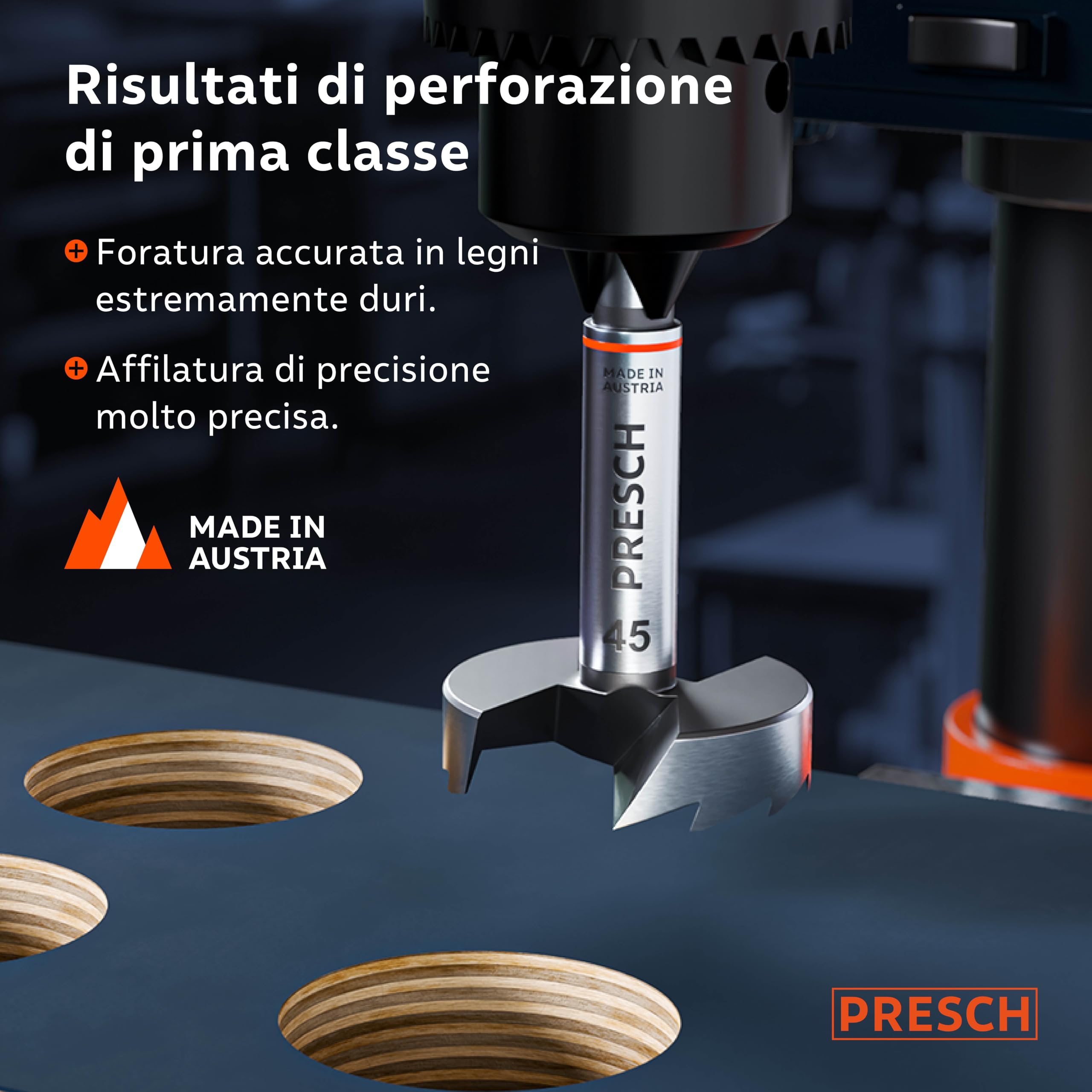 Presch Punta Forstner Ø 45mm - Punta per legno di alta qualità e durata con taglienti estremamente affilati - Punta centrale precisa per una perfetta concentricità