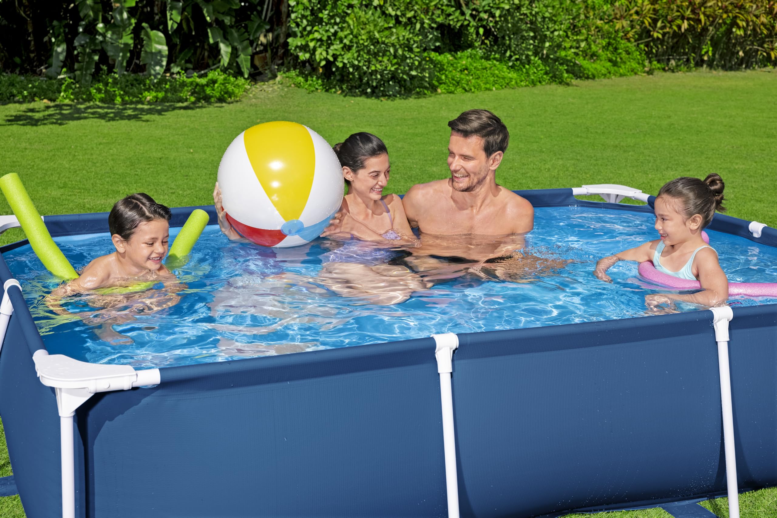 Bestway Steel Pro Frame Pool rechteckig 259 x 170 x 61 cm 2.300 Liter TriTech-Material FrameLink System korrosionsgeschützter Stahlrahmen dunkelblau